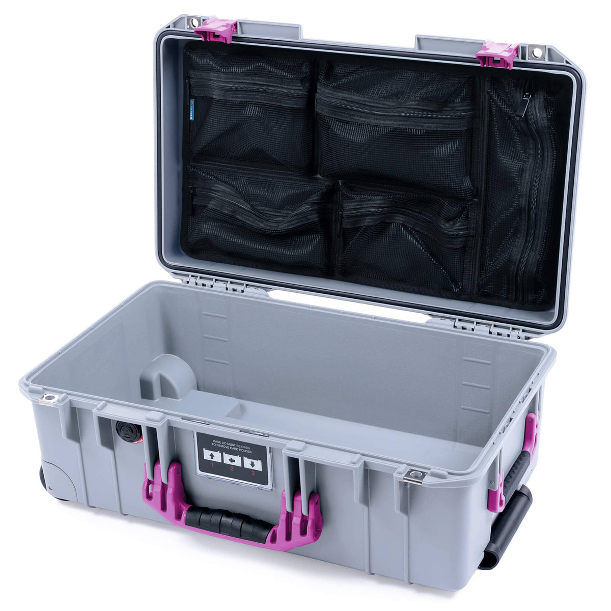 Pelican 1535 Air Case, Silver with Magenta Handles &amp; Latches Mesh Lid Organizer Only ColorCase 015350-0100-180-401