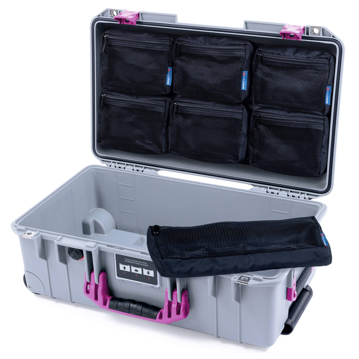 Pelican 1535 Air Case, Silver with Magenta Handles &amp; Latches 7-Piece Removable Mesh Pouches Only ColorCase 015350-0700-180-401