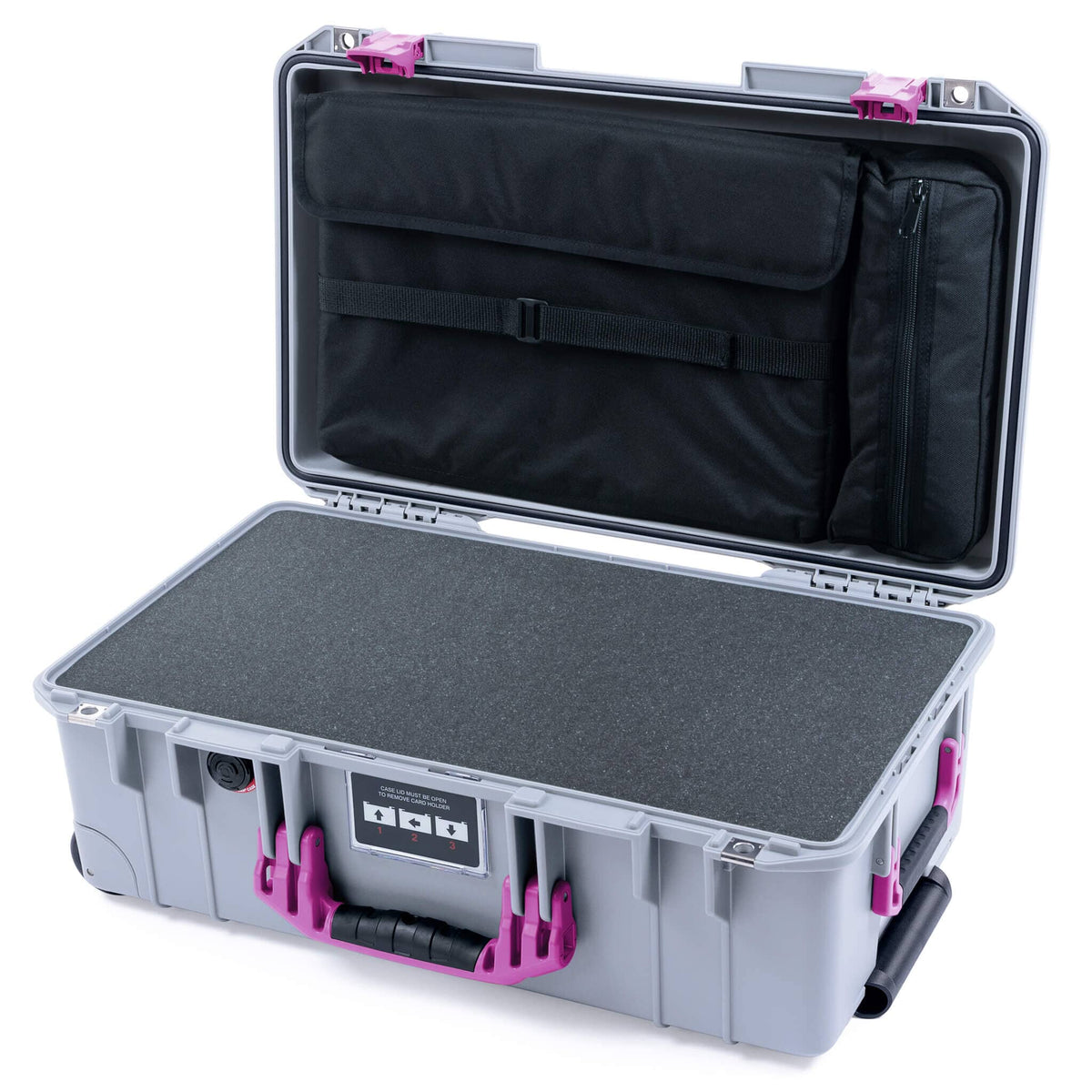 Pelican 1535 Air Case, Silver with Magenta Handles &amp; Latches Pick &amp; Pluck Foam with Laptop Computer Lid Pouch ColorCase 015350-0201-180-401