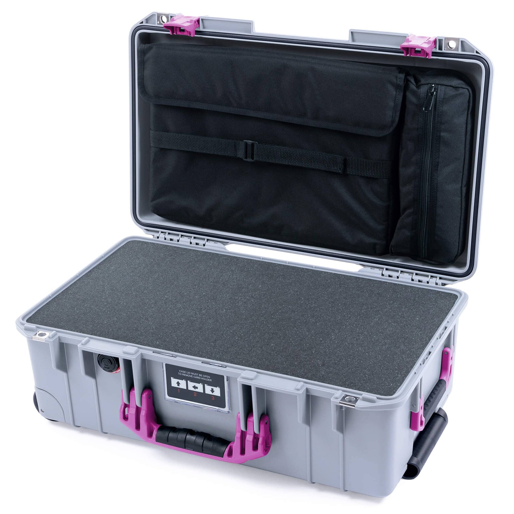 Pelican 1535 Air Case, Silver with Magenta Handles & Latches Pick & Pluck Foam with Laptop Computer Lid Pouch ColorCase 015350-0201-180-401