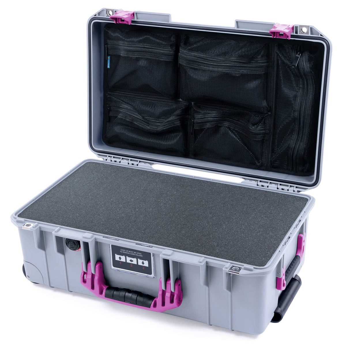 Pelican 1535 Air Case, Silver with Magenta Handles &amp; Latches Pick &amp; Pluck Foam with Mesh Lid Organizer ColorCase 015350-0101-180-401