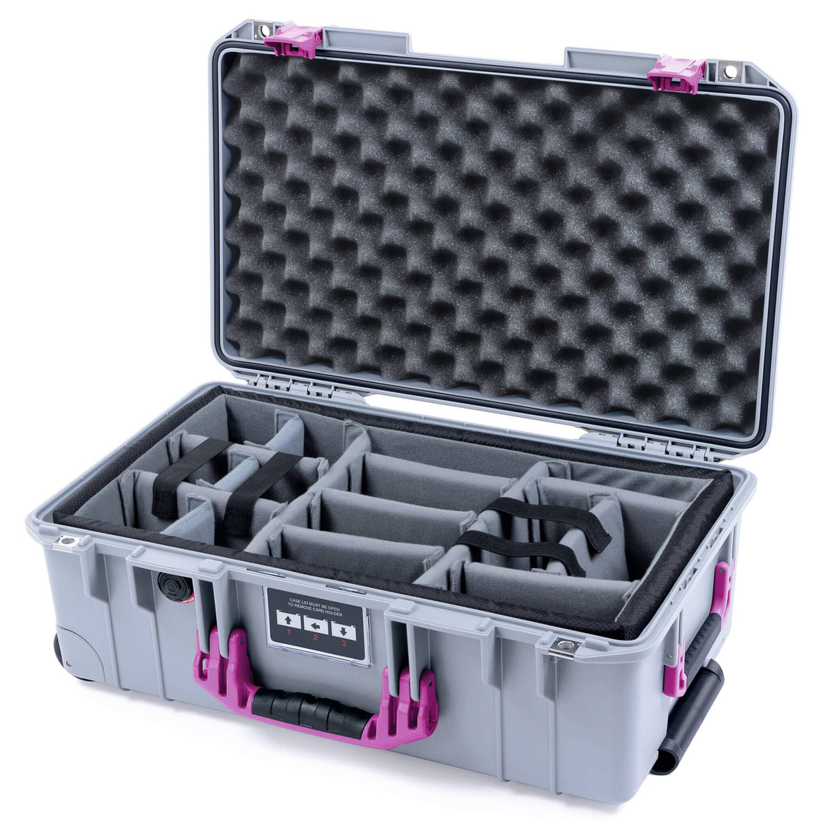 Pelican 1535 Air Case, Silver with Magenta Handles &amp; Latches Gray Padded Microfiber Dividers with Convoluted Lid Foam ColorCase 015350-0070-180-401