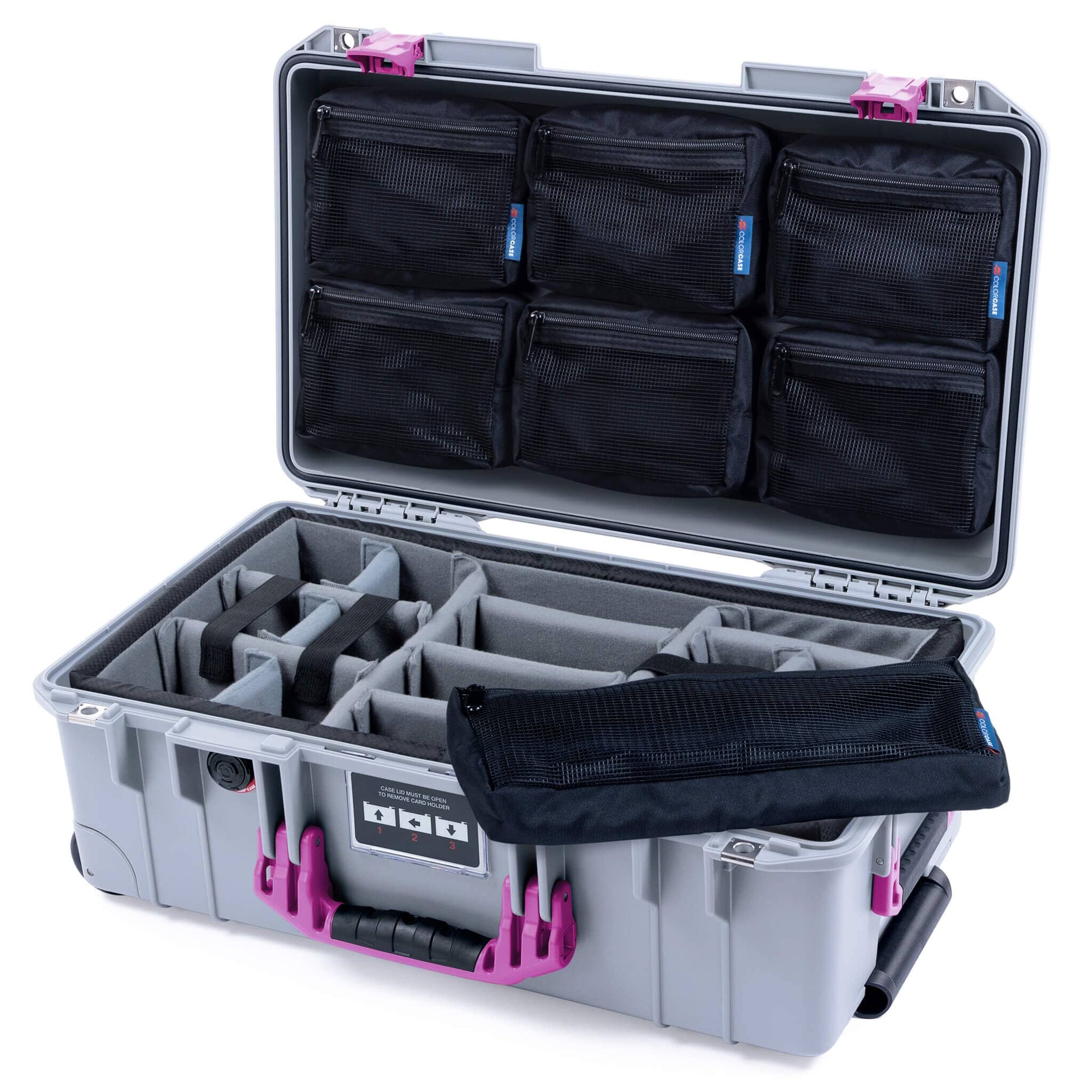 Pelican 1535 Air Case, Silver with Magenta Handles & Latches Gray Padded Microfiber Dividers with 7-Piece Removable Mesh Pouches ColorCase 015350-0770-180-401