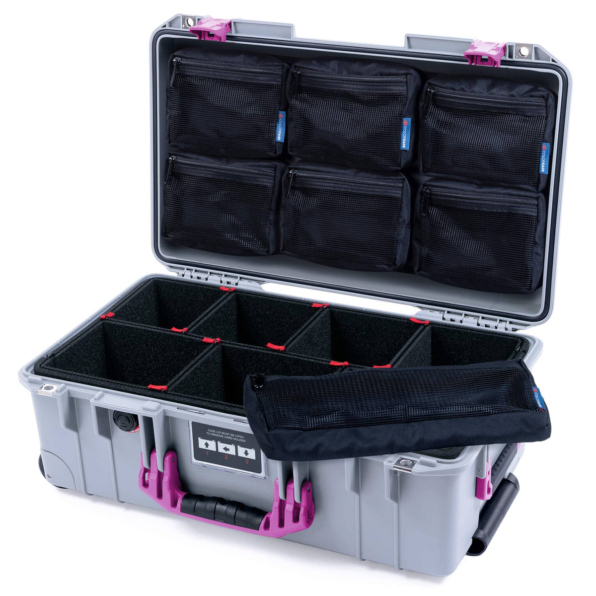 Pelican 1535 Air Case, Silver with Magenta Handles &amp; Latches TrekPak Divider System with 7-Piece Removable Mesh Pouches ColorCase 015350-0720-180-401