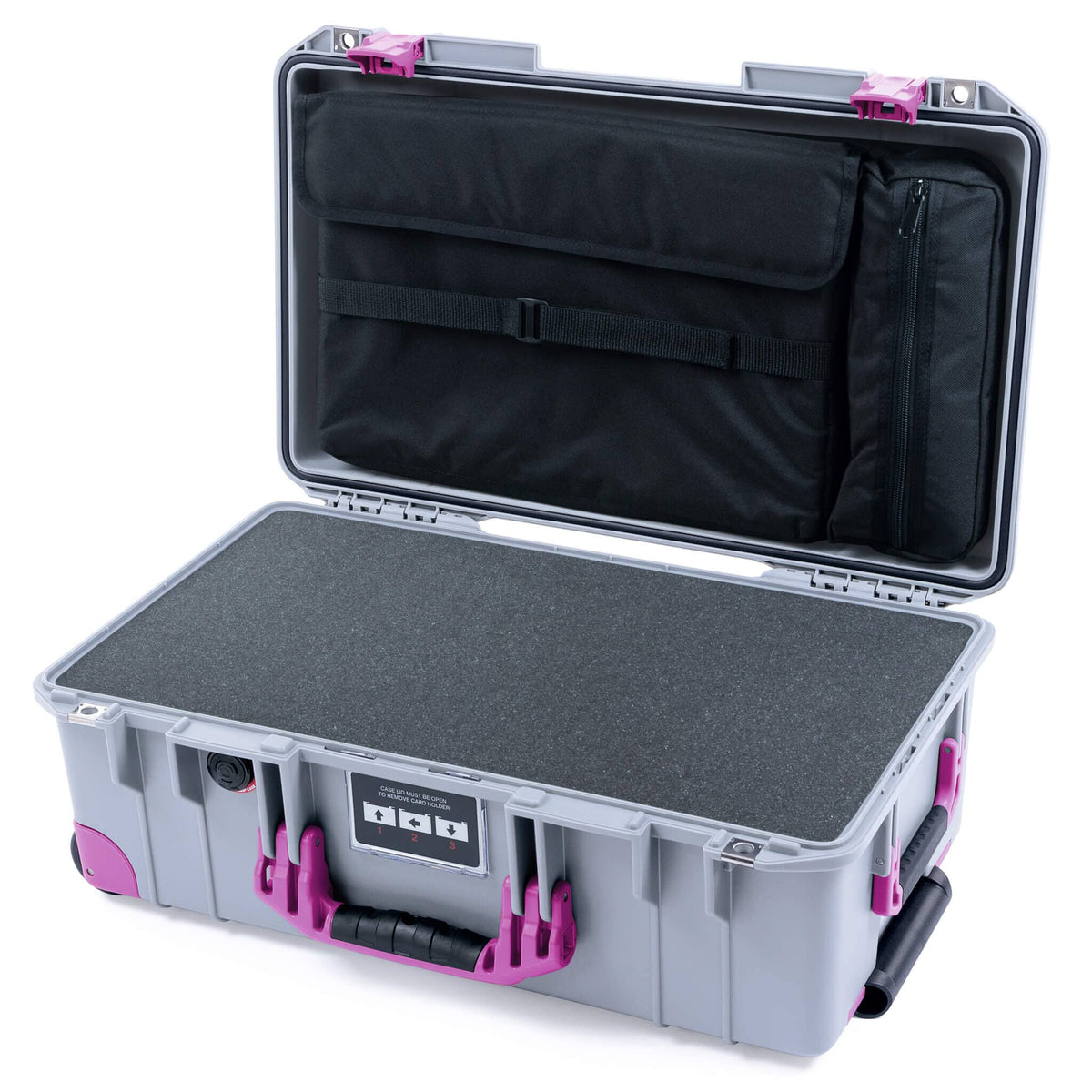 Pelican 1535 Air Case, Silver with Magenta Handles, Latches &amp; Trolley Pick &amp; Pluck Foam with Laptop Computer Lid Pouch ColorCase 015350-0201-180-401-400