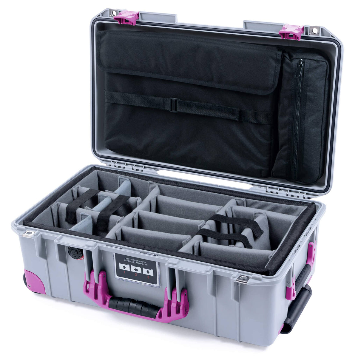 Pelican 1535 Air Case, Silver with Magenta Handles, Latches &amp; Trolley Gray Padded Microfiber Dividers with Laptop Computer Lid Pouch ColorCase 015350-0270-180-401-400