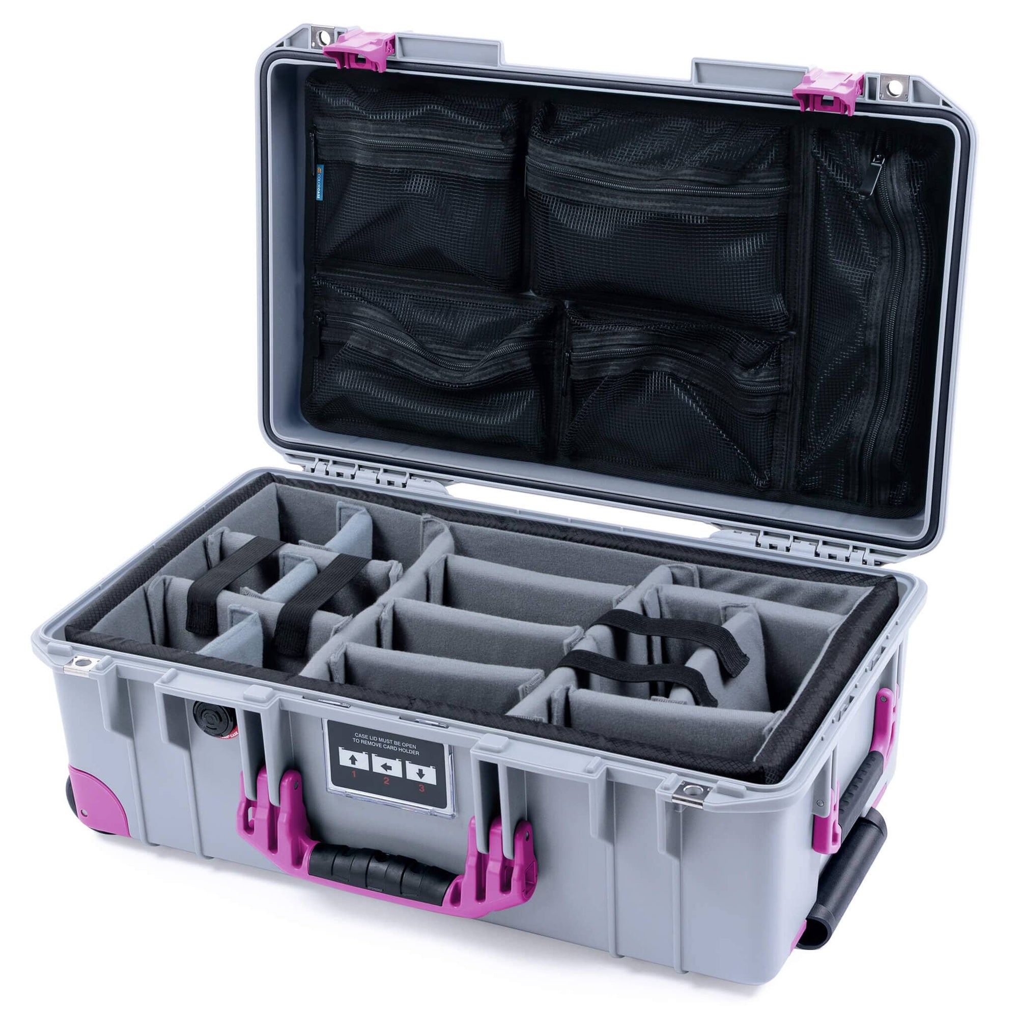 Pelican 1535 Air Case, Silver with Magenta Handles, Latches & Trolley Gray Padded Microfiber Dividers with Mesh Lid Organizer ColorCase 015350-0170-180-401-400