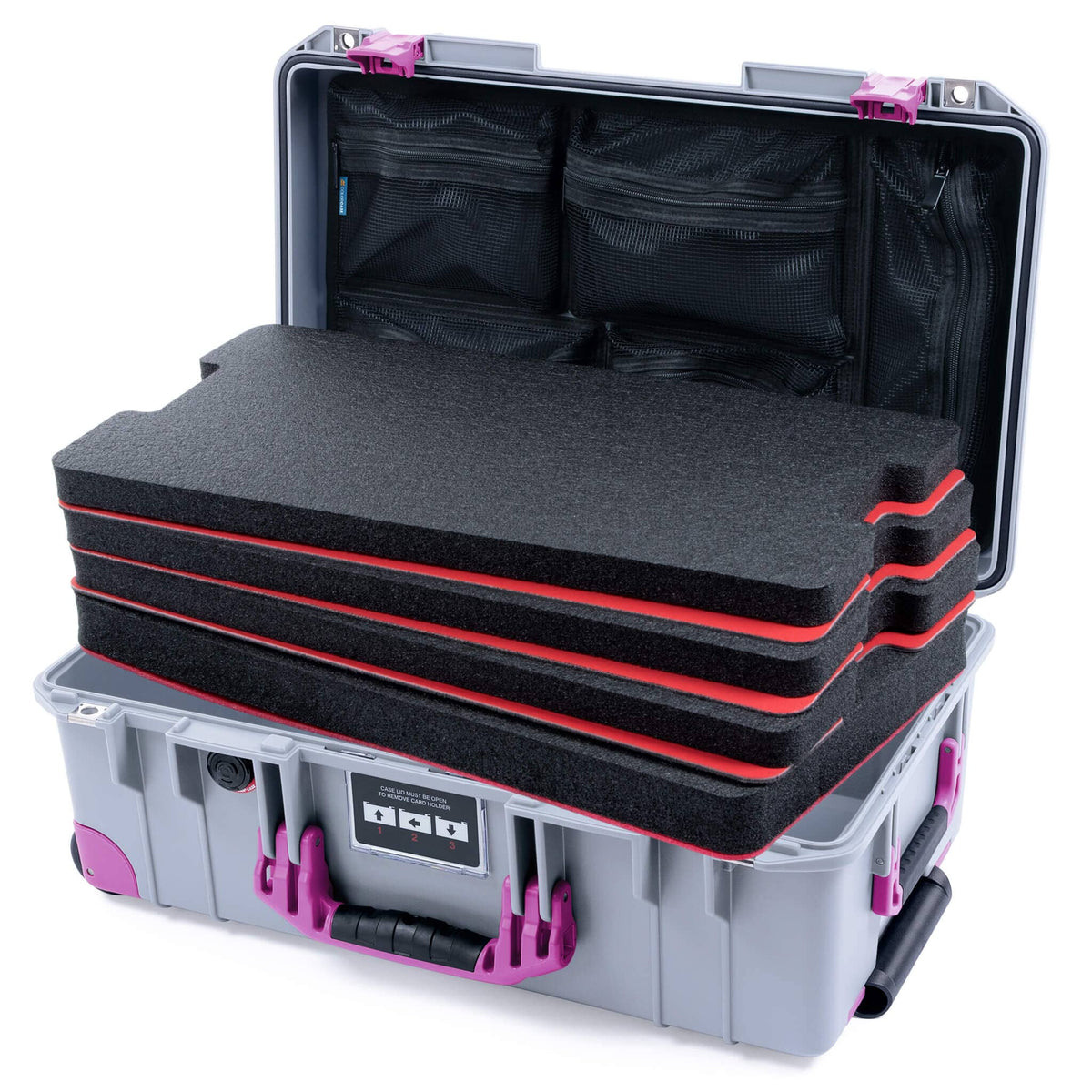 Pelican 1535 Air Case, Silver with Magenta Handles, Latches &amp; Trolley Custom Tool Kit (4 Foam Inserts with Mesh Lid Organizer) ColorCase 015350-0160-180-401-400