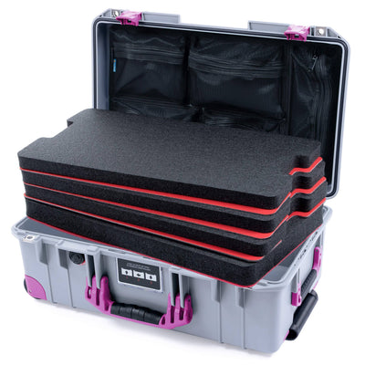 Pelican 1535 Air Case, Silver with Magenta Handles, Latches & Trolley Custom Tool Kit (4 Foam Inserts with Mesh Lid Organizer) ColorCase 015350-0160-180-401-400