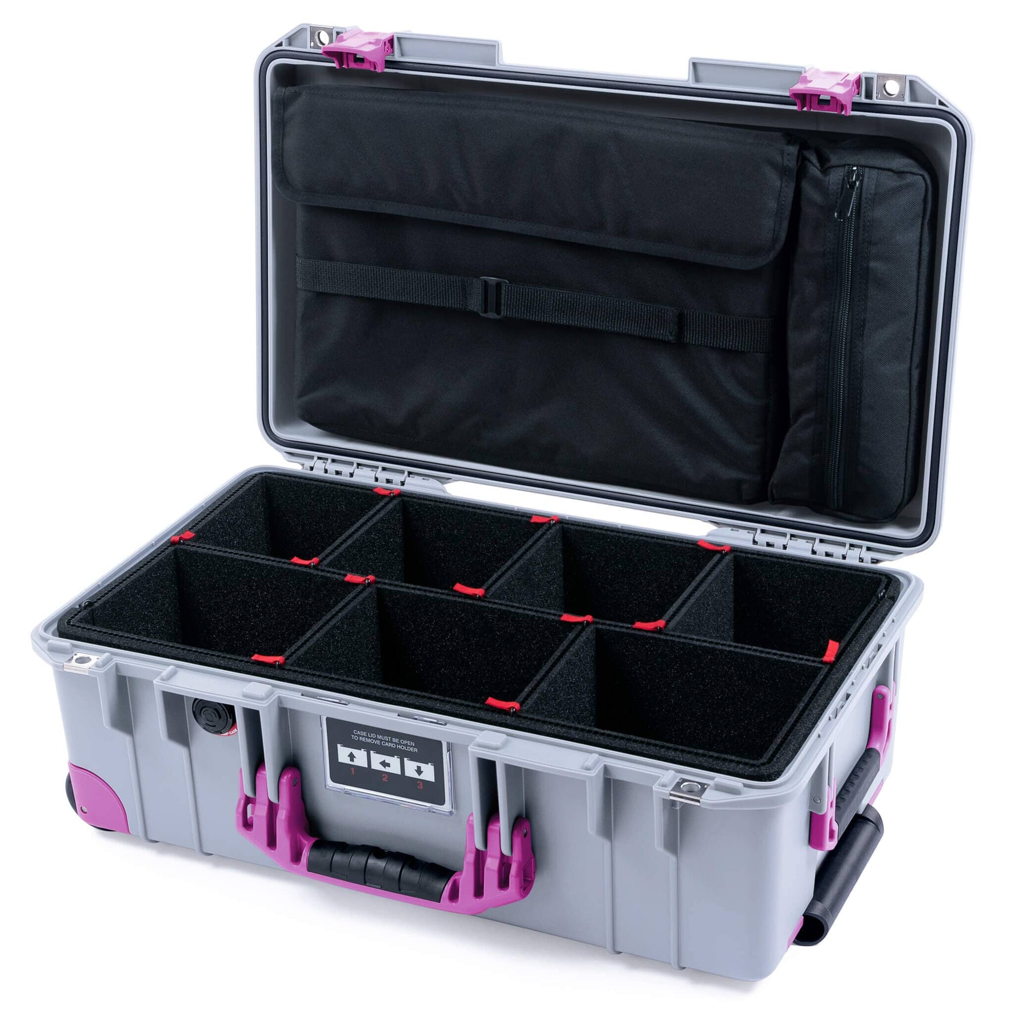 Pelican 1535 Air Case, Silver with Magenta Handles, Latches & Trolley TrekPak Divider System with Laptop Computer Lid Pouch ColorCase 015350-0220-180-401-400