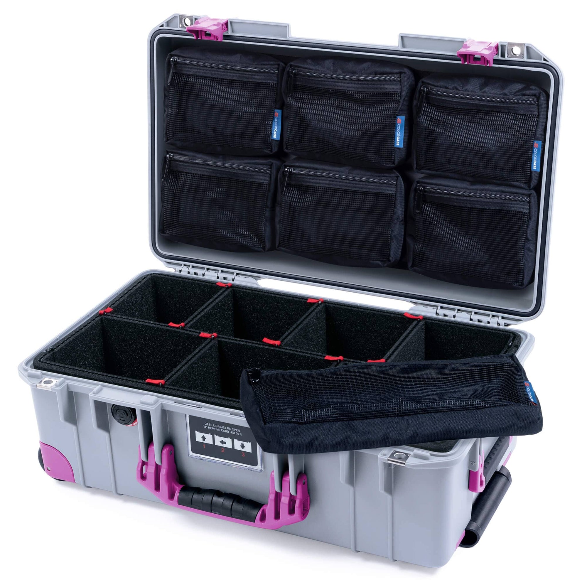 Pelican 1535 Air Case, Silver with Magenta Handles, Latches & Trolley TrekPak Divider System with 7-Piece Removable Mesh Pouches ColorCase 015350-0720-180-401-400