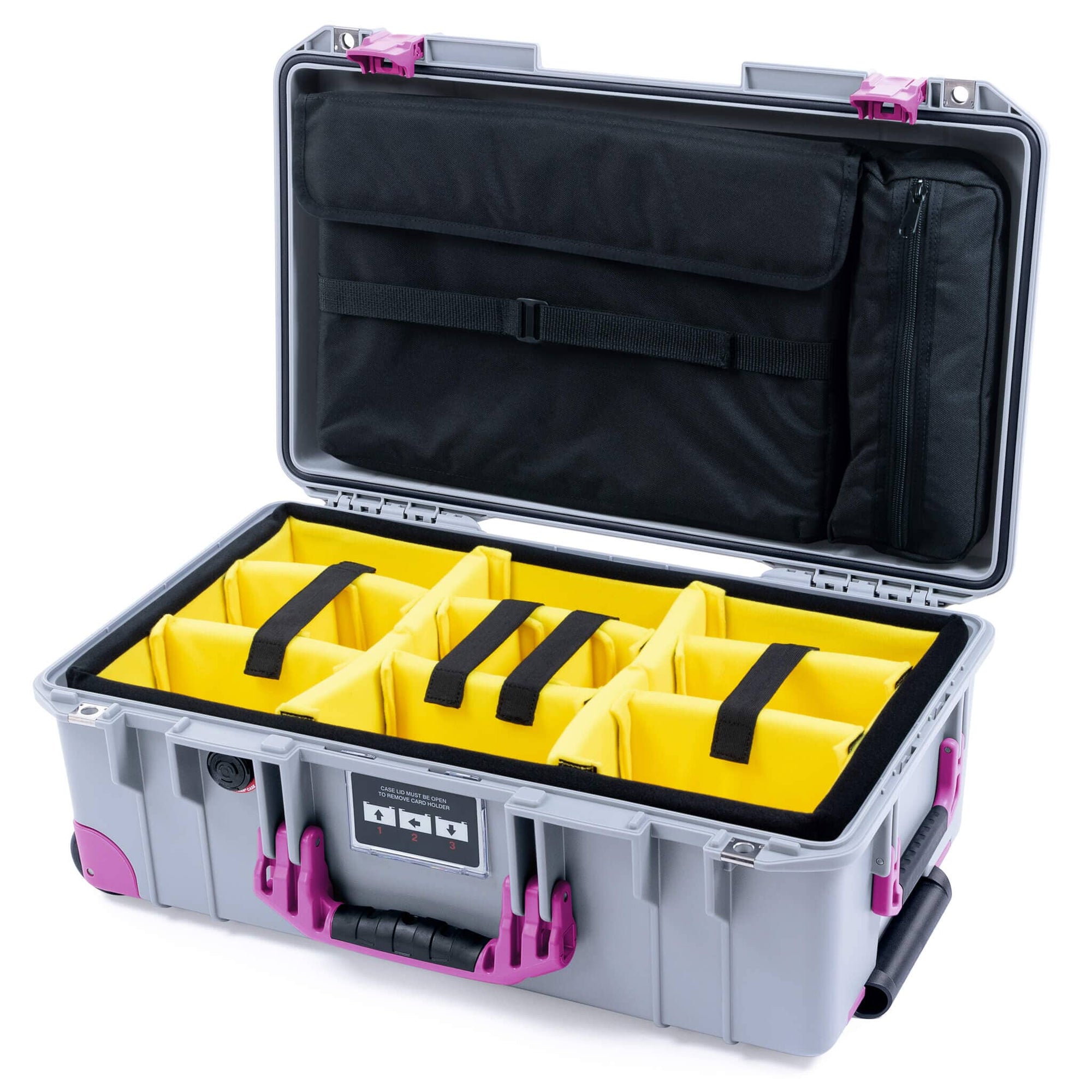 Pelican 1535 Air Case, Silver with Magenta Handles, Latches & Trolley Yellow Padded Microfiber Dividers with Laptop Computer Lid Pouch ColorCase 015350-0210-180-401-400
