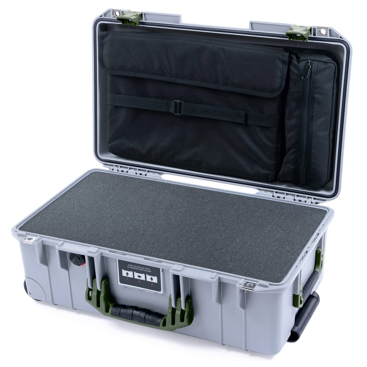 Pelican 1535 Air Case, Silver with OD Green Handles &amp; Latches Pick &amp; Pluck Foam with Laptop Computer Lid Pouch ColorCase 015350-0201-180-131