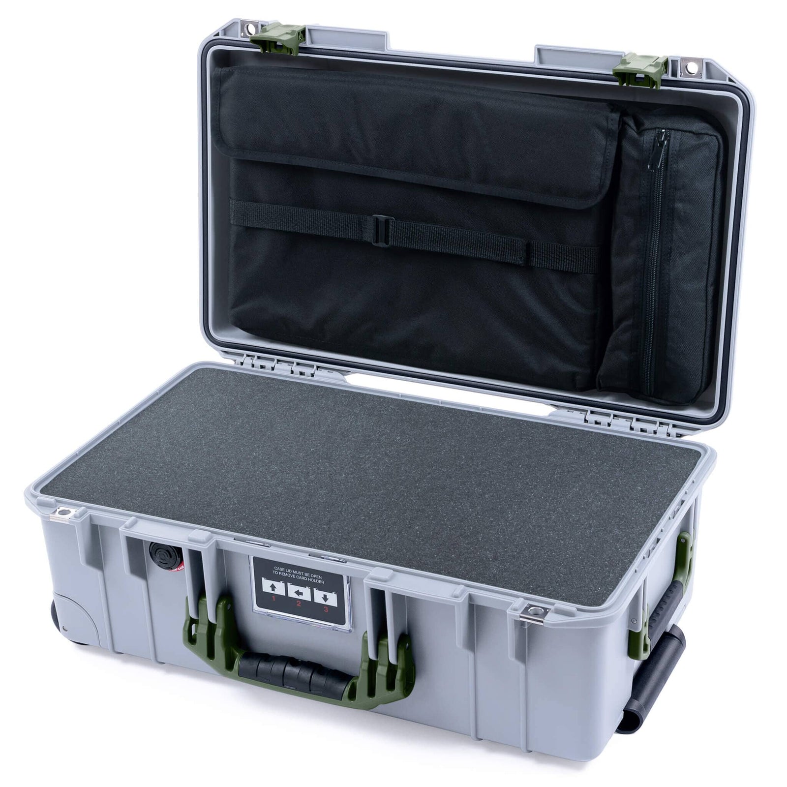 Pelican 1535 Air Case, Silver with OD Green Handles & Latches Pick & Pluck Foam with Laptop Computer Lid Pouch ColorCase 015350-0201-180-131
