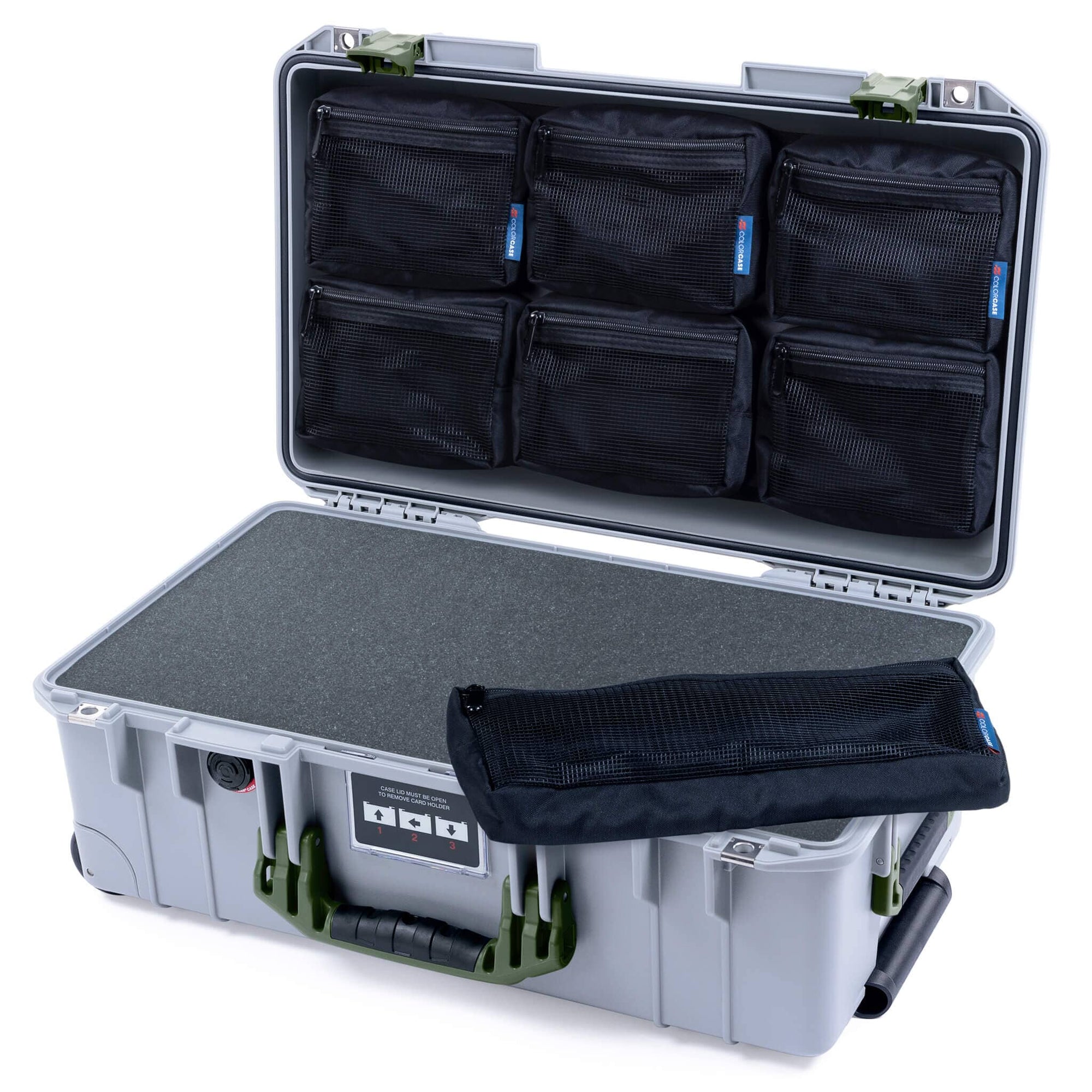 Pelican 1535 Air Case, Silver with OD Green Handles & Latches Pick & Pluck Foam with 7-Piece Removable Mesh Pouches ColorCase 015350-0701-180-131