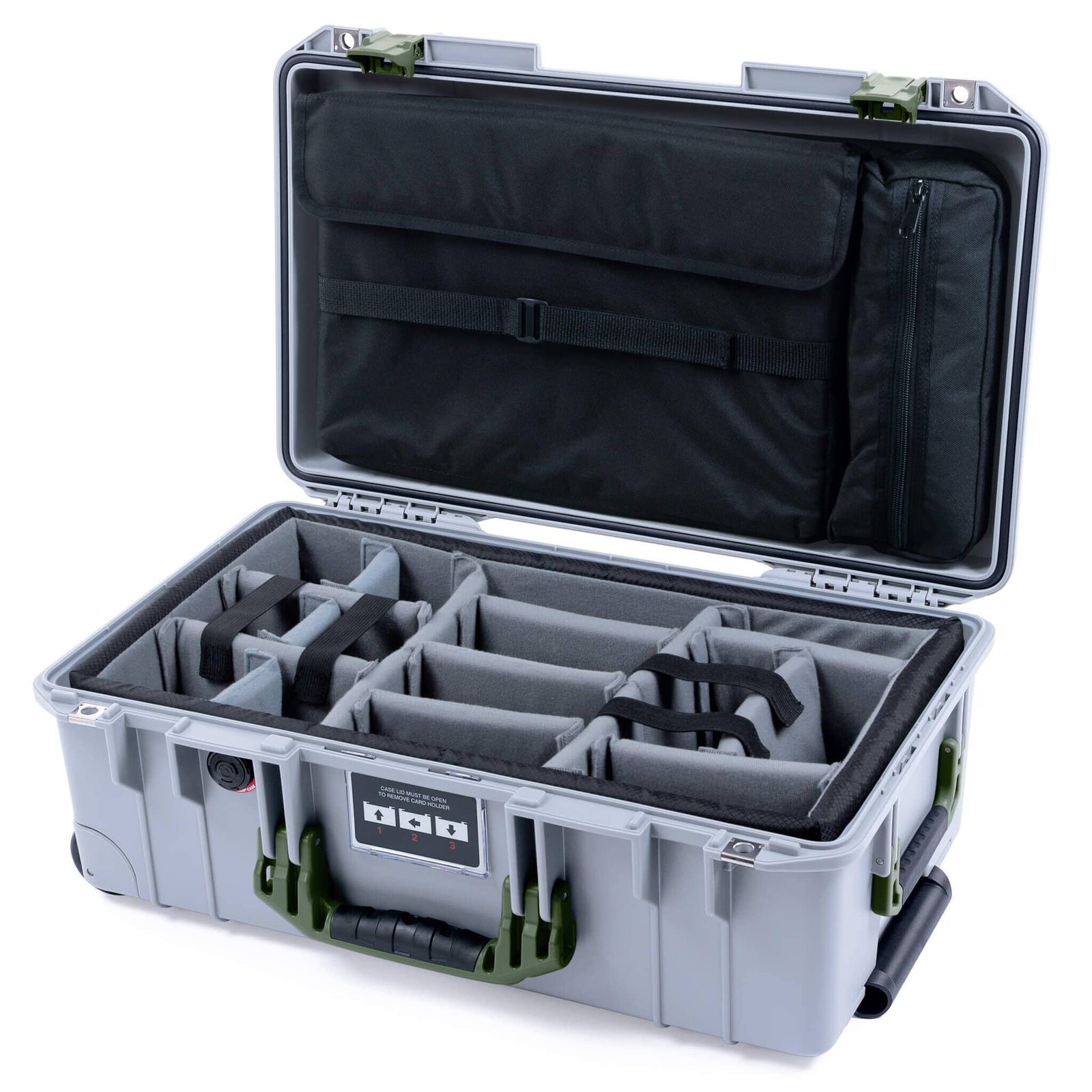 Pelican 1535 Air Case, Silver with OD Green Handles & Latches Gray Padded Microfiber Dividers with Laptop Computer Lid Pouch ColorCase 015350-0270-180-131