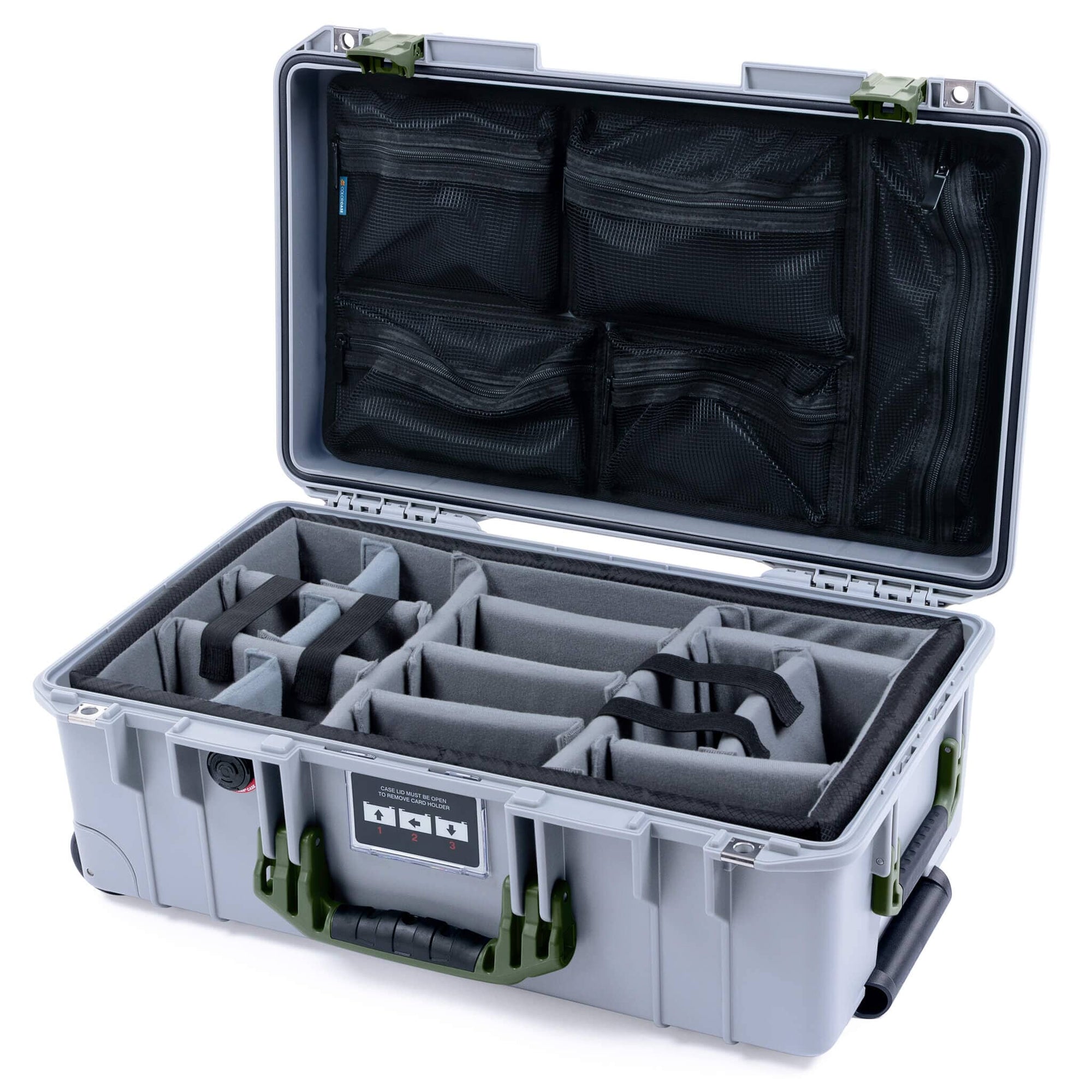 Pelican 1535 Air Case, Silver with OD Green Handles & Latches Gray Padded Microfiber Dividers with Mesh Lid Organizer ColorCase 015350-0170-180-131