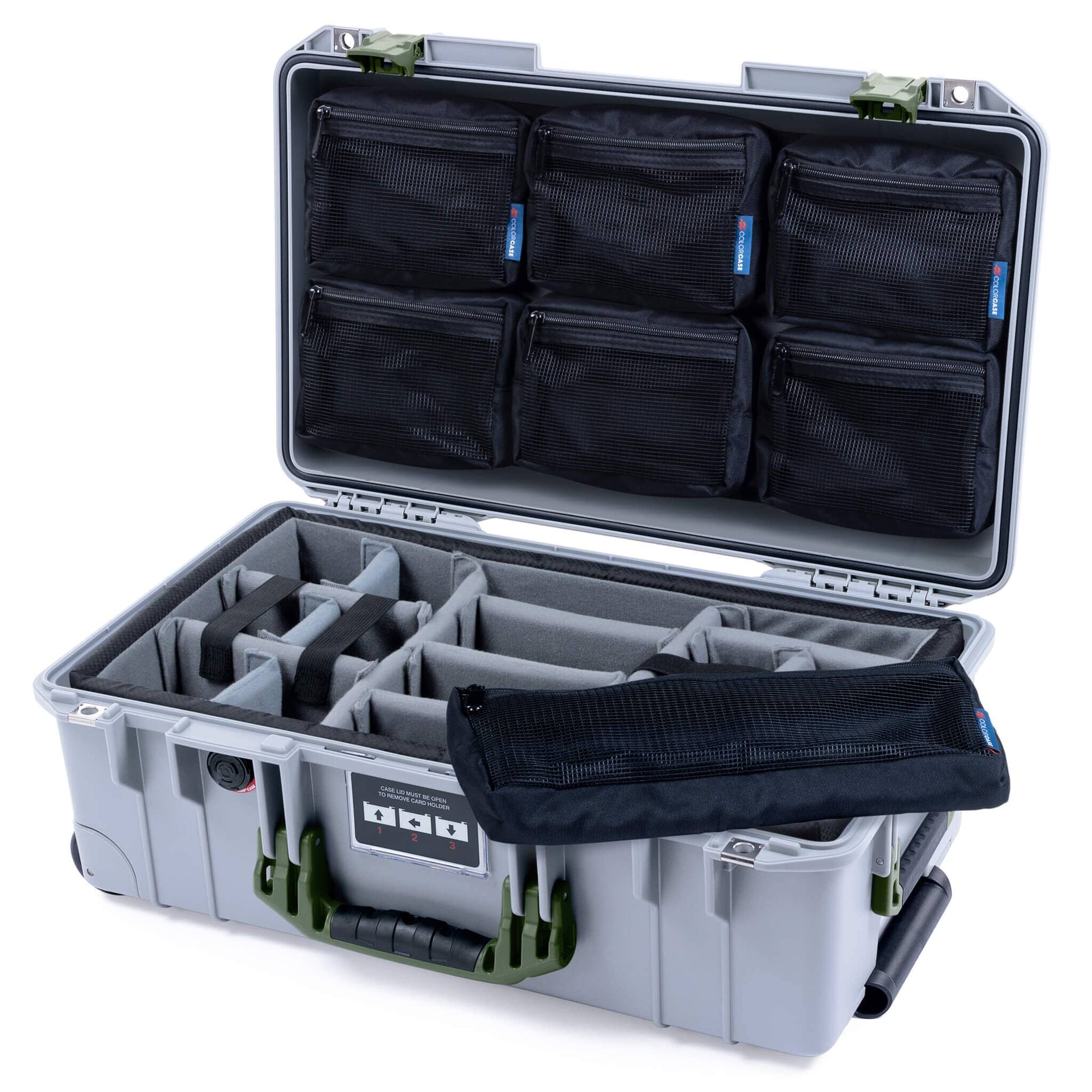 Pelican 1535 Air Case, Silver with OD Green Handles & Latches Gray Padded Microfiber Dividers with 7-Piece Removable Mesh Pouches ColorCase 015350-0770-180-131