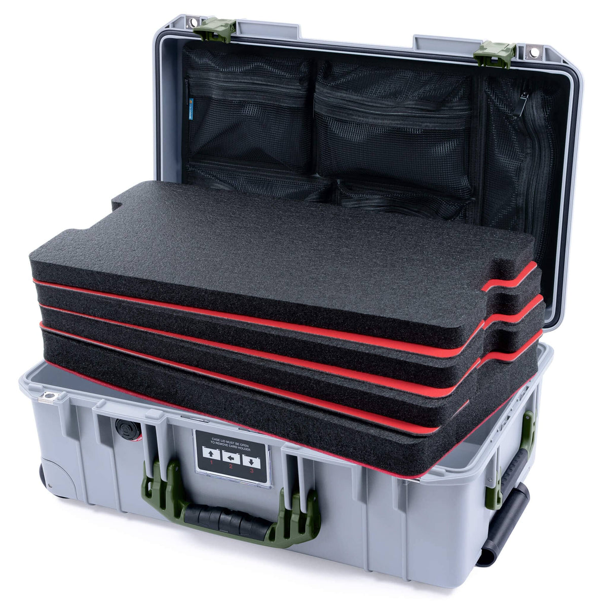 Pelican 1535 Air Case, Silver with OD Green Handles &amp; Latches Custom Tool Kit (4 Foam Inserts with Mesh Lid Organizer) ColorCase 015350-0160-180-131