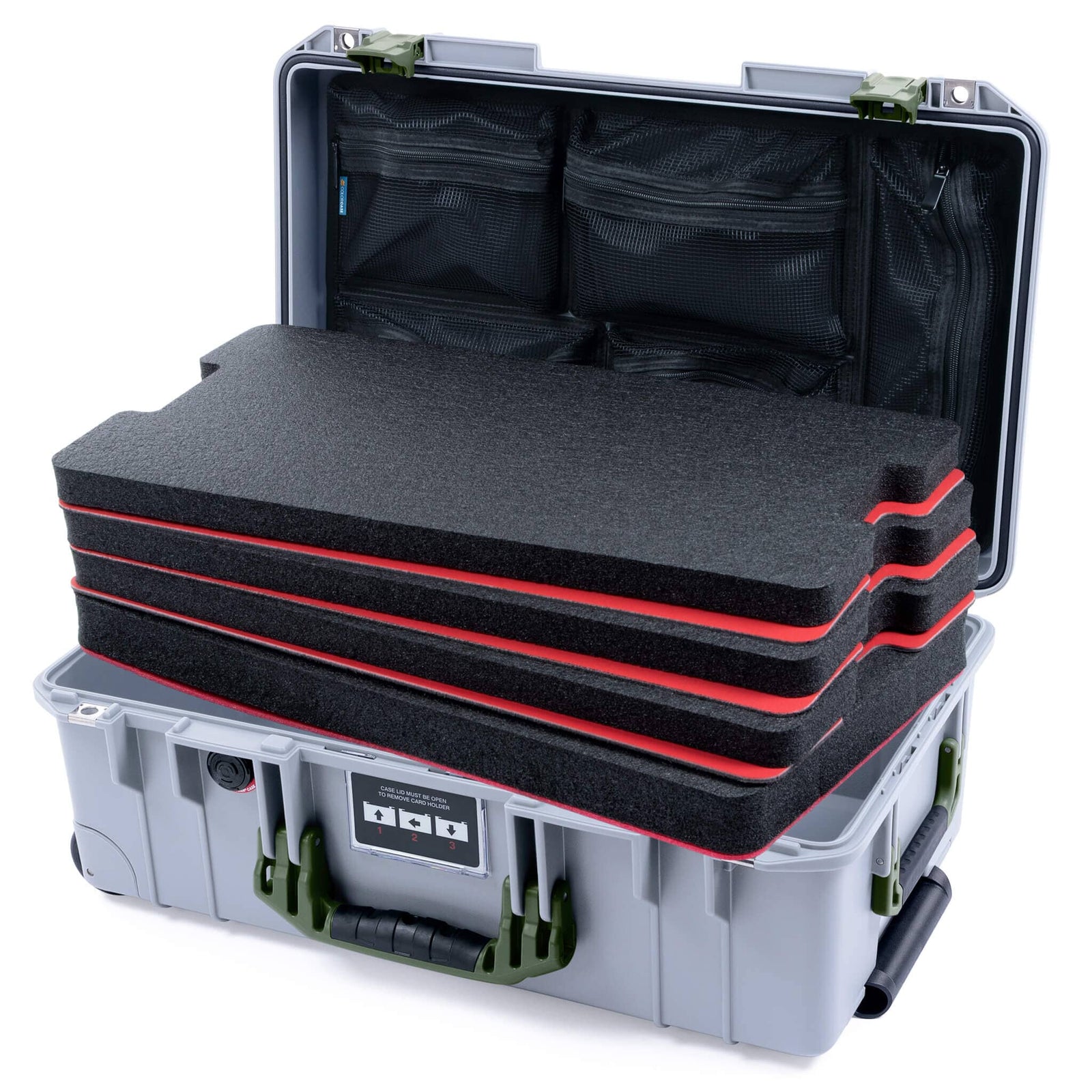 Pelican 1535 Air Case, Silver with OD Green Handles & Latches Custom Tool Kit (4 Foam Inserts with Mesh Lid Organizer) ColorCase 015350-0160-180-131