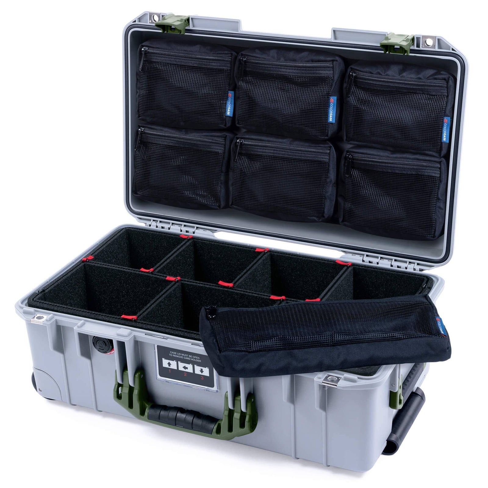 Pelican 1535 Air Case, Silver with OD Green Handles & Latches TrekPak Divider System with 7-Piece Removable Mesh Pouches ColorCase 015350-0720-180-131
