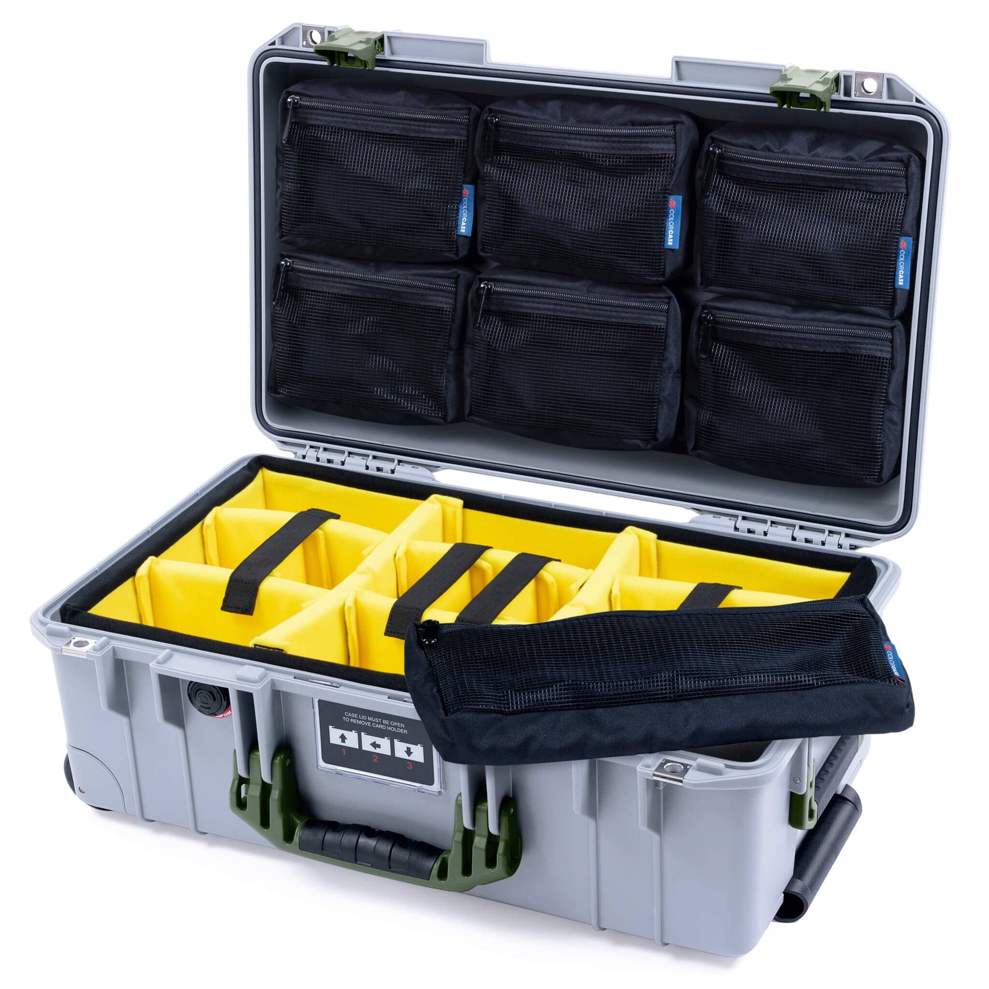 Pelican 1535 Air Case, Silver with OD Green Handles & Latches Yellow Padded Microfiber Dividers with 7-Piece Removable Mesh Pouches ColorCase 015350-0710-180-131
