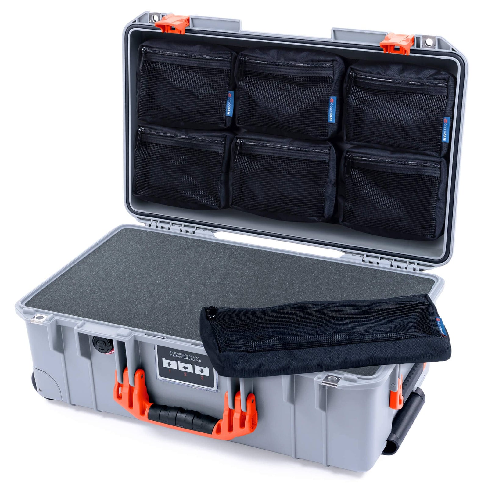 Pelican 1535 Air Case, Silver with Orange Handles & Latches Pick & Pluck Foam with 7-Piece Removable Mesh Pouches ColorCase 015350-0701-180-151