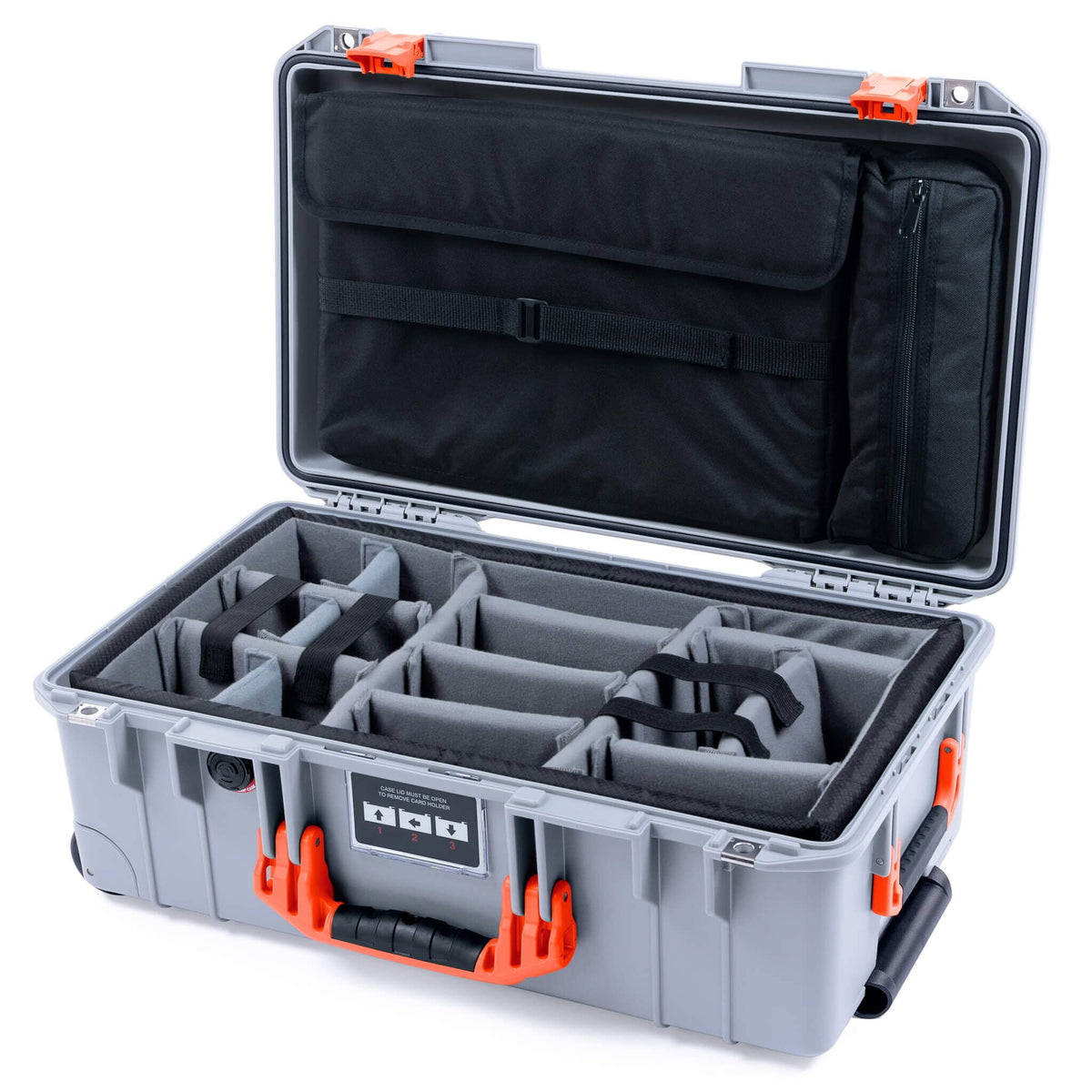 Pelican 1535 Air Case, Silver with Orange Handles &amp; Latches Gray Padded Microfiber Dividers with Laptop Computer Lid Pouch ColorCase 015350-0270-180-151