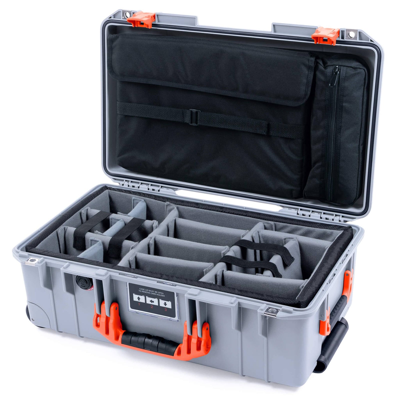 Pelican 1535 Air Case, Silver with Orange Handles & Latches Gray Padded Microfiber Dividers with Laptop Computer Lid Pouch ColorCase 015350-0270-180-151