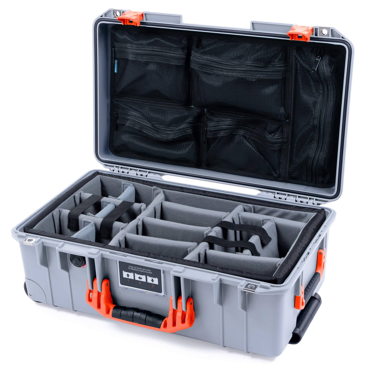Pelican 1535 Air Case, Silver with Orange Handles &amp; Latches Gray Padded Microfiber Dividers with Mesh Lid Organizer ColorCase 015350-0170-180-151