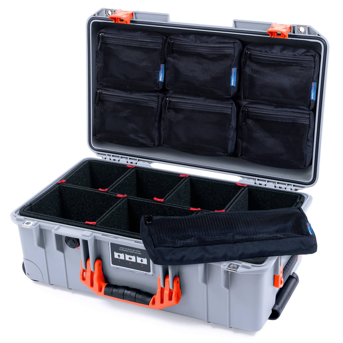 Pelican 1535 Air Case, Silver with Orange Handles &amp; Latches TrekPak Divider System with 7-Piece Removable Mesh Pouches ColorCase 015350-0720-180-151