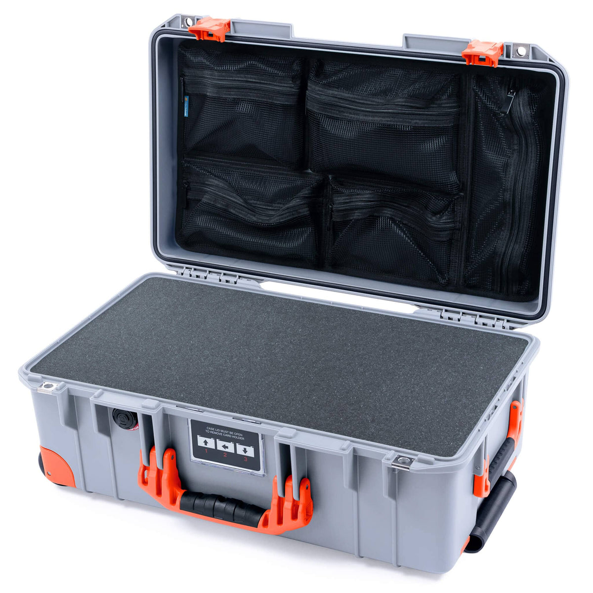 Pelican 1535 Air Case, Silver with Orange Handles, Latches &amp; Trolley Pick &amp; Pluck Foam with Mesh Lid Organizer ColorCase 015350-0101-180-151-150