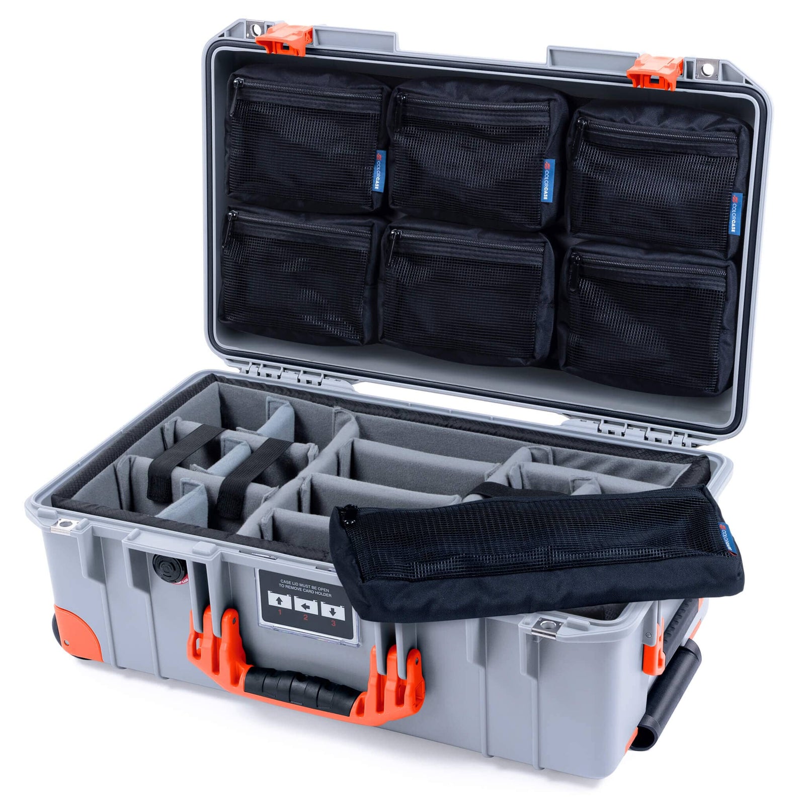 Pelican 1535 Air Case, Silver with Orange Handles, Latches & Trolley Gray Padded Microfiber Dividers with 7-Piece Removable Mesh Pouches ColorCase 015350-0770-180-151-150