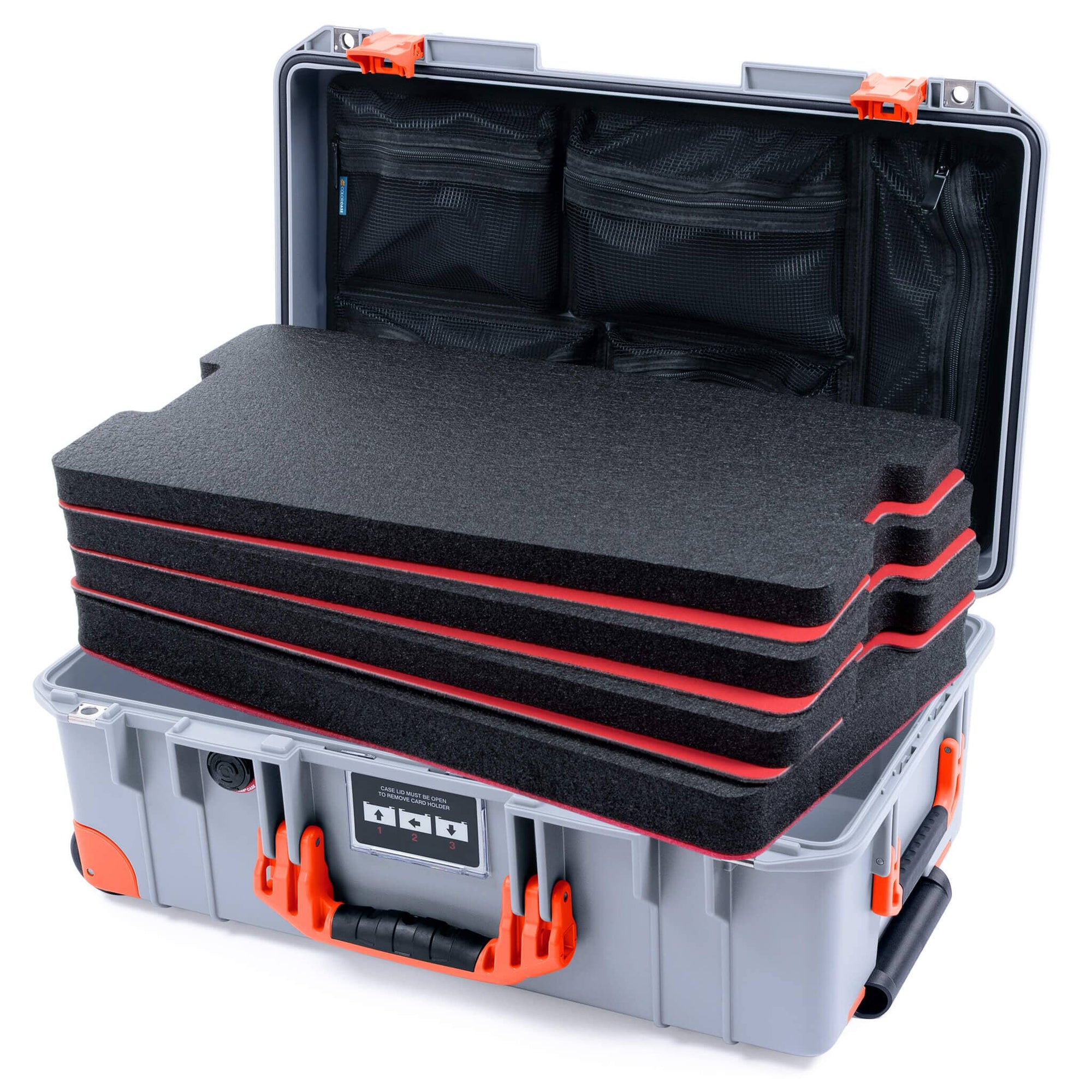 Pelican 1535 Air Case, Silver with Orange Handles, Latches & Trolley Custom Tool Kit (4 Foam Inserts with Mesh Lid Organizer) ColorCase 015350-0160-180-151-150