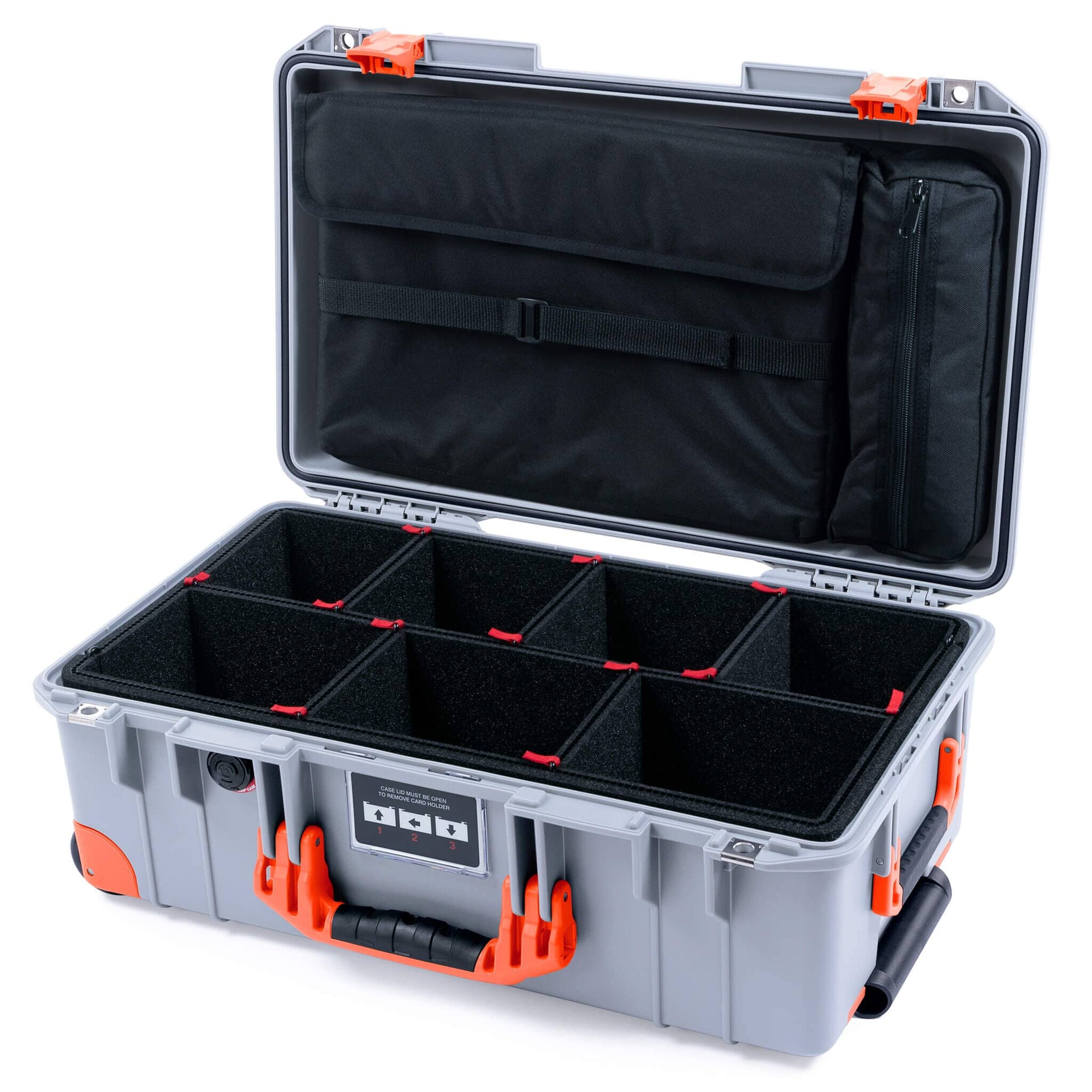 Pelican 1535 Air Case, Silver with Orange Handles, Latches & Trolley TrekPak Divider System with Laptop Computer Lid Pouch ColorCase 015350-0220-180-151-150