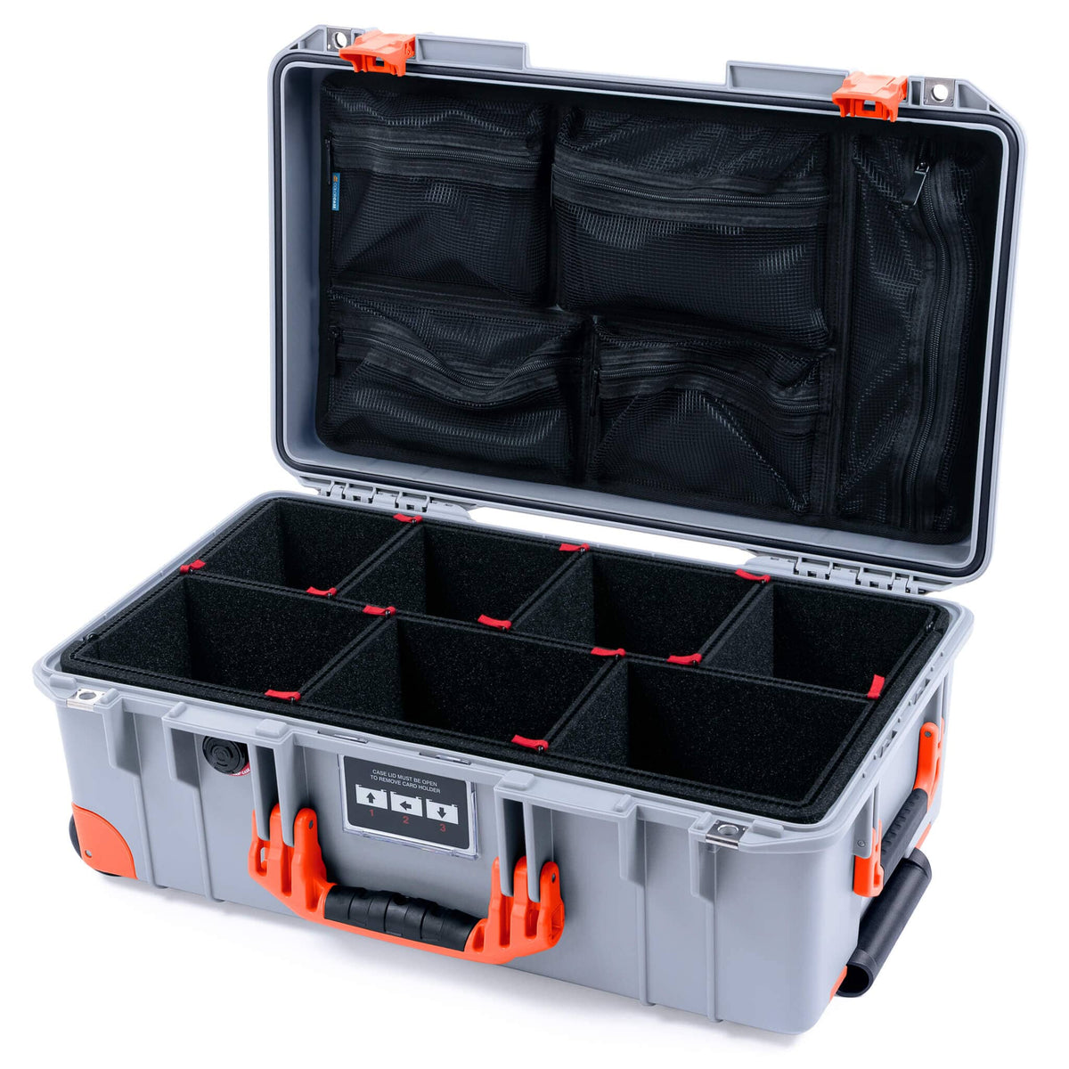 Pelican 1535 Air Case, Silver with Orange Handles, Latches &amp; Trolley TrekPak Divider System with Mesh Lid Organizer ColorCase 015350-0120-180-151-150