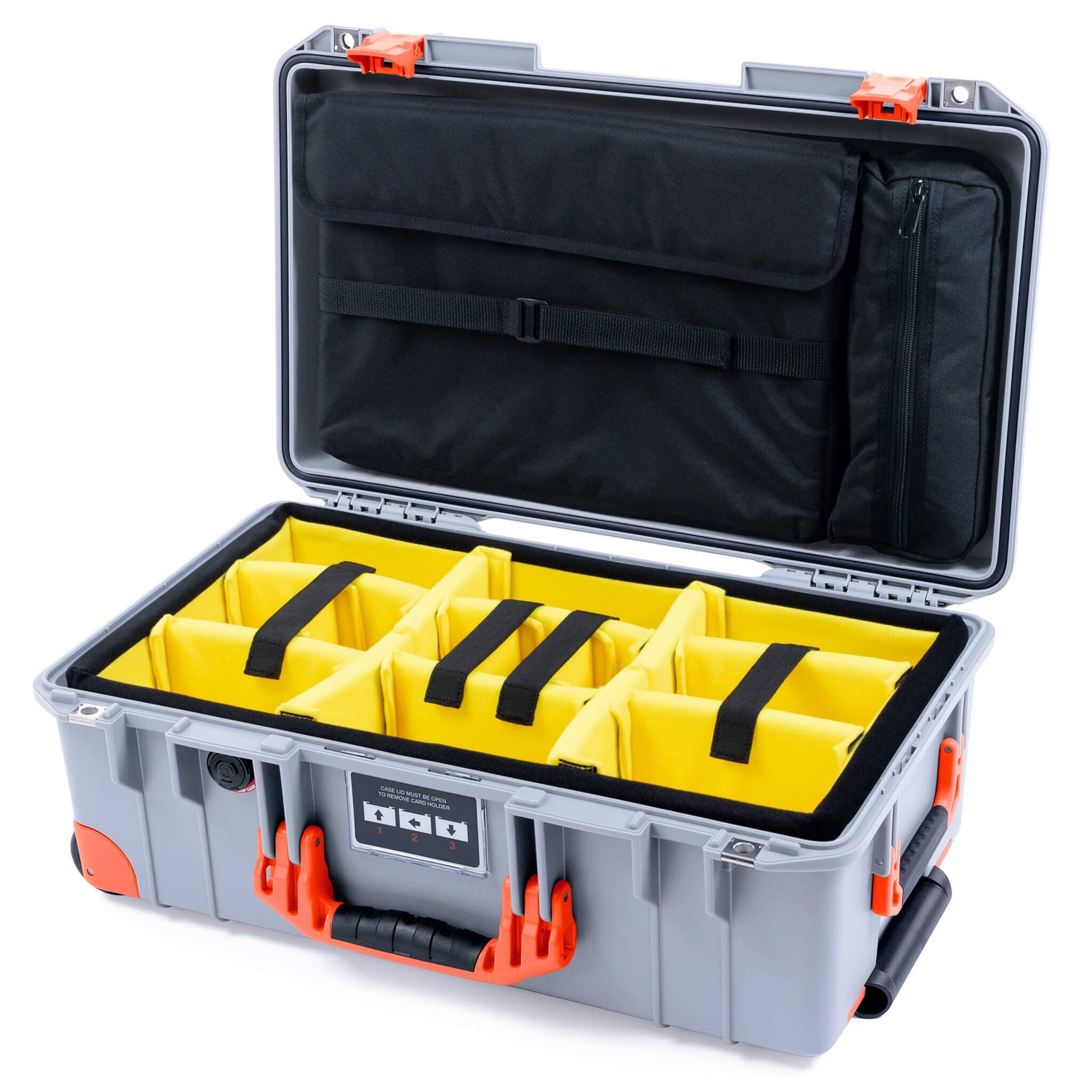 Pelican 1535 Air Case, Silver with Orange Handles, Latches & Trolley Yellow Padded Microfiber Dividers with Laptop Computer Lid Pouch ColorCase 015350-0210-180-151-150