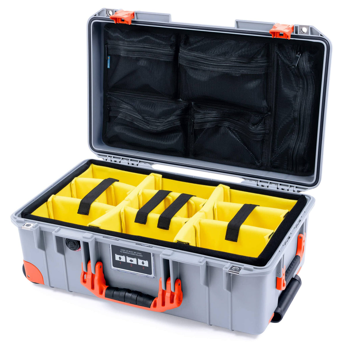 Pelican 1535 Air Case, Silver with Orange Handles, Latches &amp; Trolley Yellow Padded Microfiber Dividers with Mesh Lid Organizer ColorCase 015350-0110-180-151-150