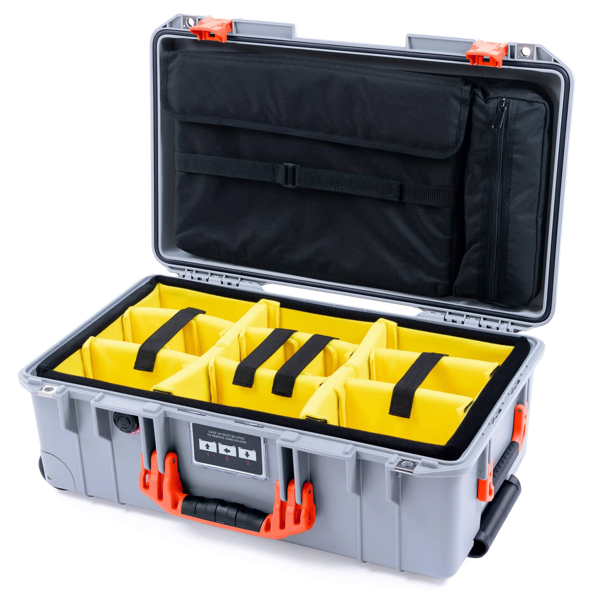 Pelican 1535 Air Case, Silver with Orange Handles & Latches Yellow Padded Microfiber Dividers with Mesh Lid Organizer ColorCase 015350-0110-180-151