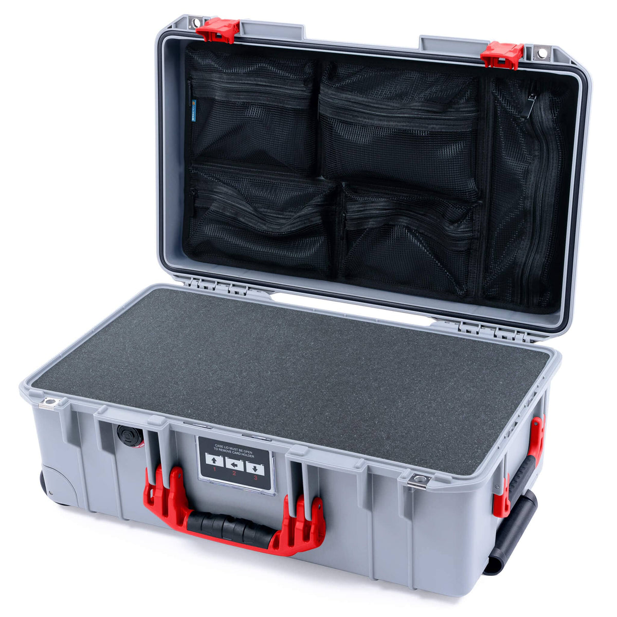 Pelican 1535 Air Case, Silver with Red Handles &amp; Latches Pick &amp; Pluck Foam with Mesh Lid Organizer ColorCase 015350-0101-180-321