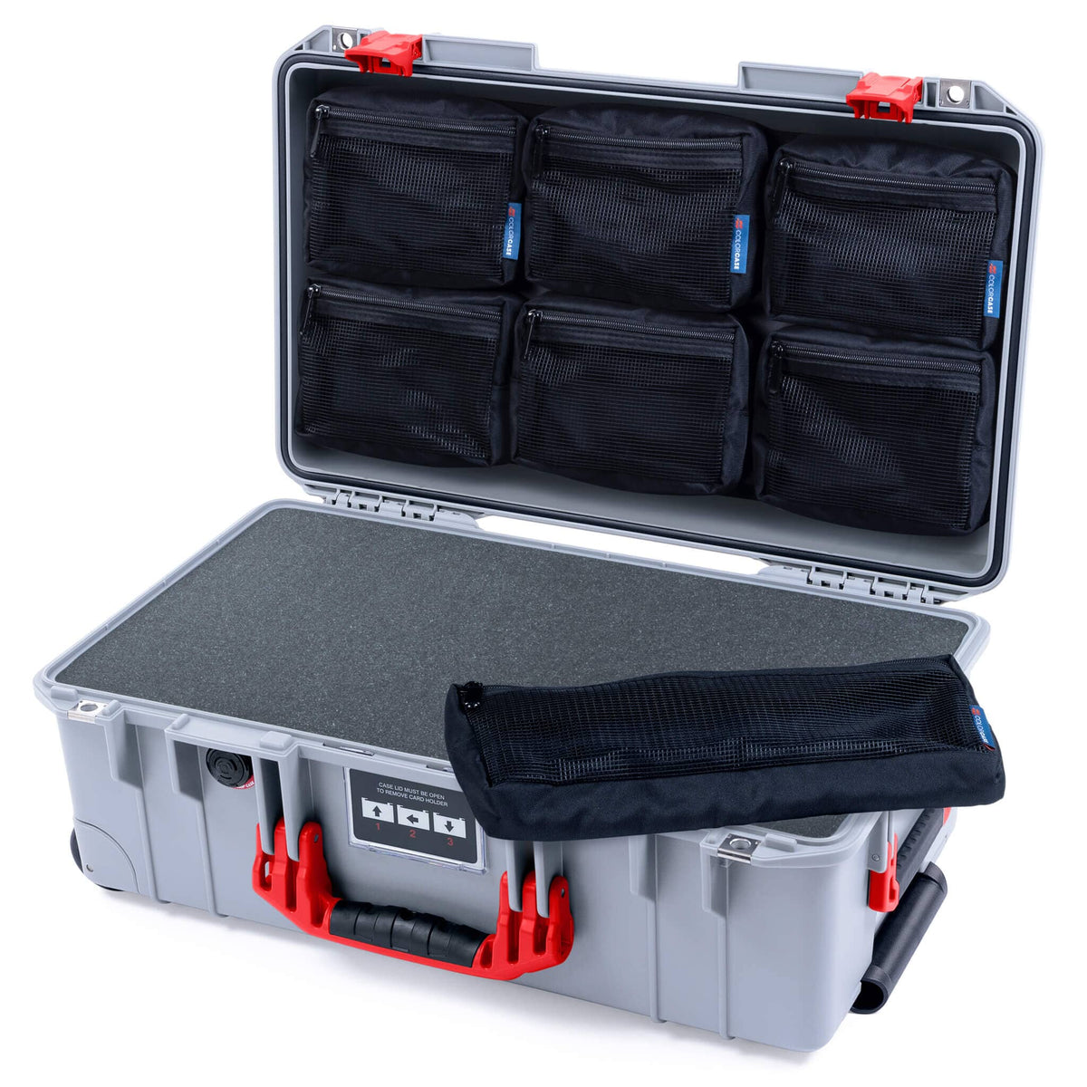 Pelican 1535 Air Case, Silver with Red Handles &amp; Latches Pick &amp; Pluck Foam with 7-Piece Removable Mesh Pouches ColorCase 015350-0701-180-321