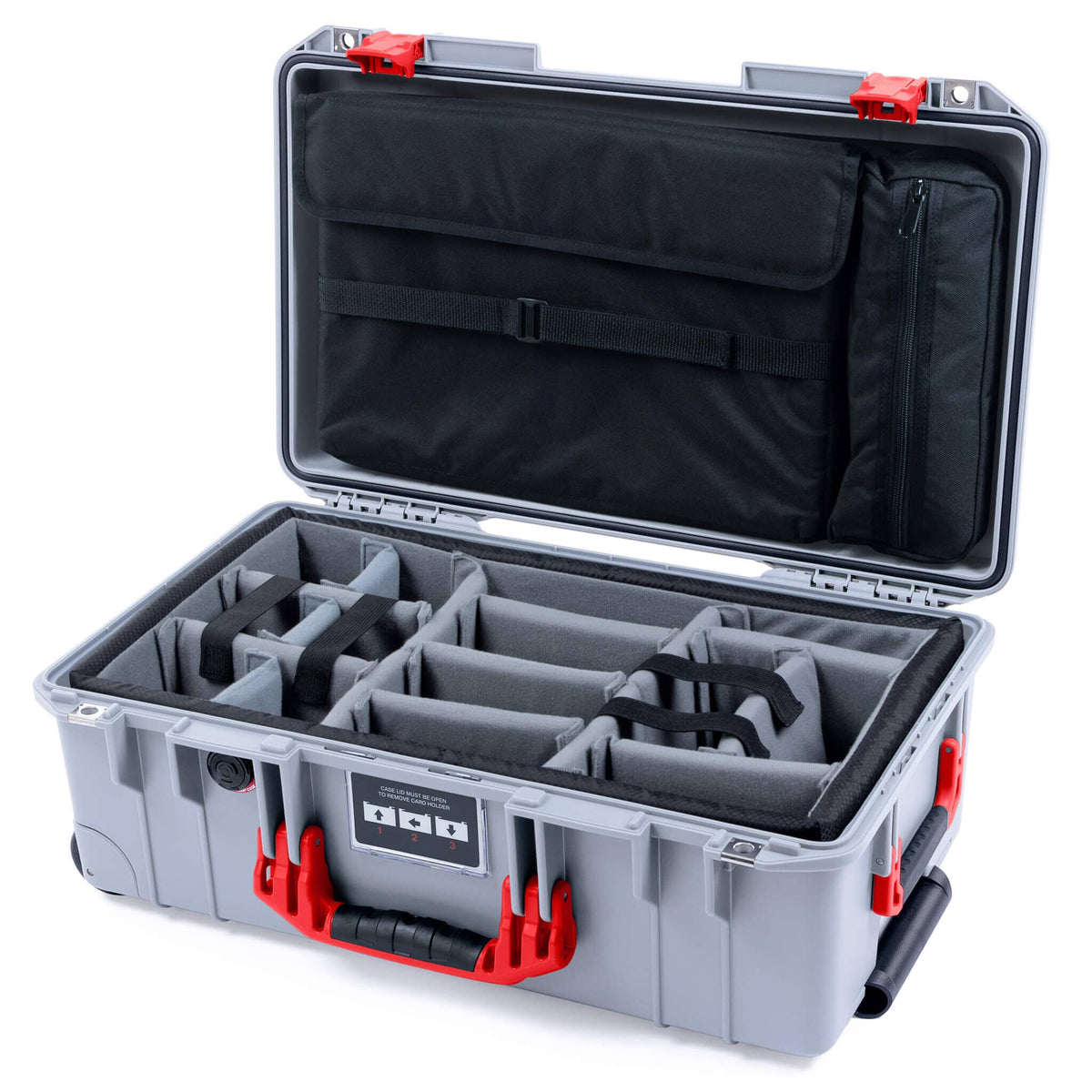 Pelican 1535 Air Case, Silver with Red Handles &amp; Latches Gray Padded Microfiber Dividers with Laptop Computer Lid Pouch ColorCase 015350-0270-180-321