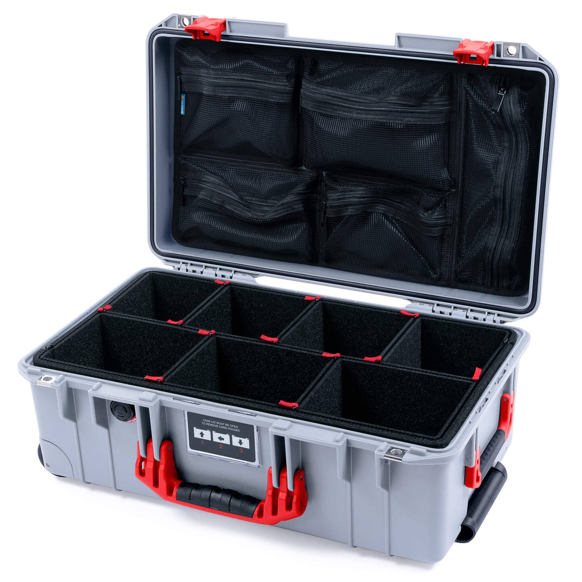 Pelican 1535 Air Case, Silver with Red Handles &amp; Latches TrekPak Divider System with Mesh Lid Organizer ColorCase 015350-0120-180-321