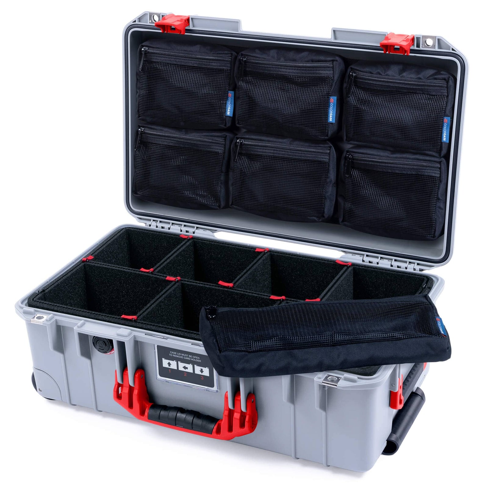 Pelican 1535 Air Case, Silver with Red Handles & Latches TrekPak Divider System with 7-Piece Removable Mesh Pouches ColorCase 015350-0720-180-321