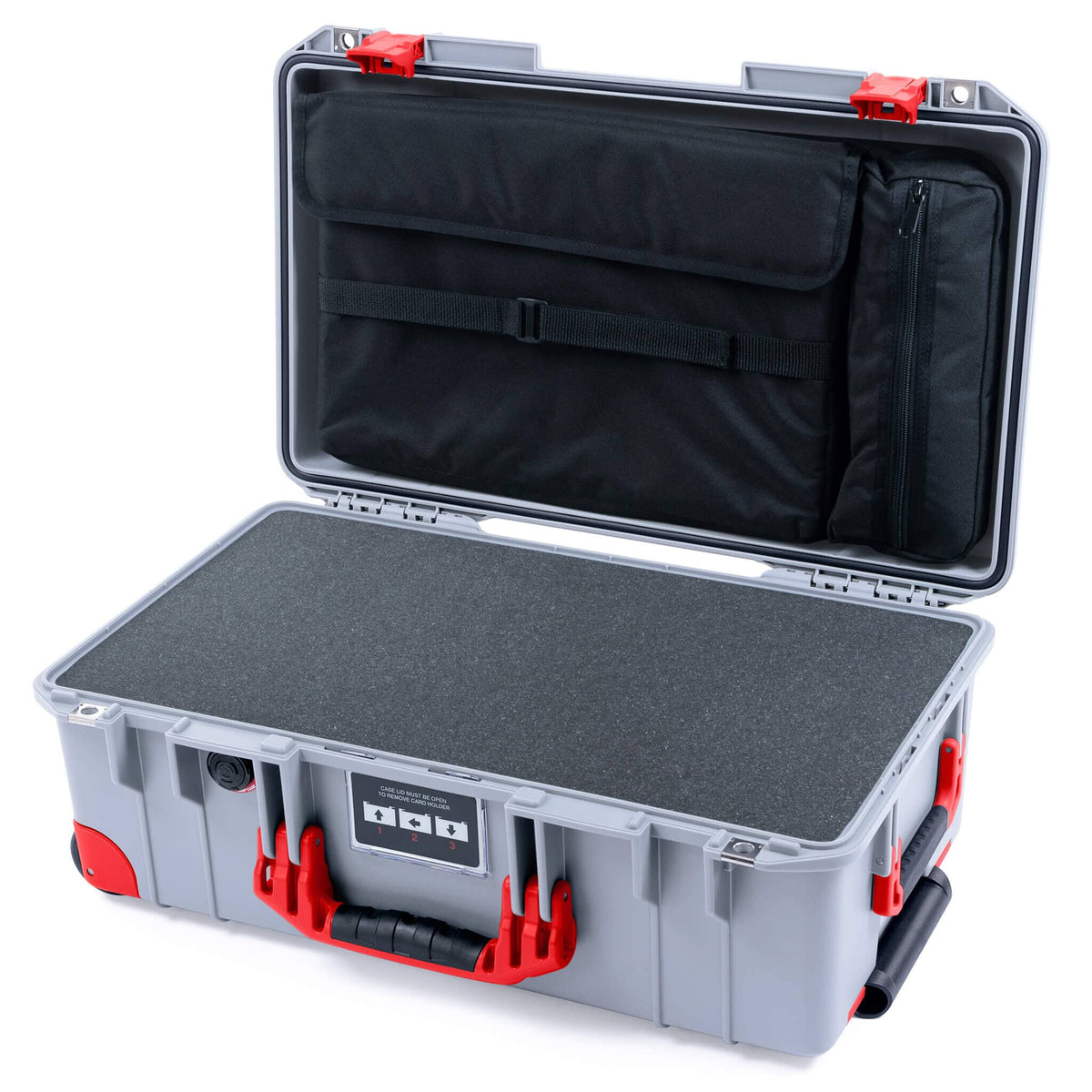 Pelican 1535 Air Case, Silver with Red Handles, Latches &amp; Trolley Pick &amp; Pluck Foam with Laptop Computer Lid Pouch ColorCase 015350-0201-180-321-320