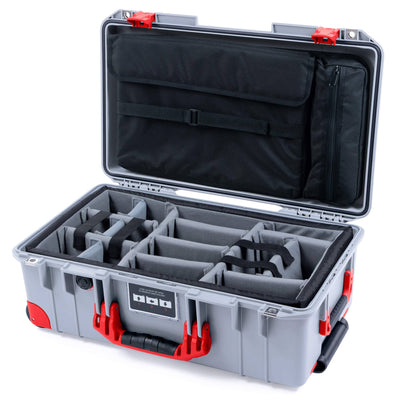 Pelican 1535 Air Case, Silver with Red Handles, Latches & Trolley Gray Padded Microfiber Dividers with Laptop Computer Lid Pouch ColorCase 015350-0270-180-321-320