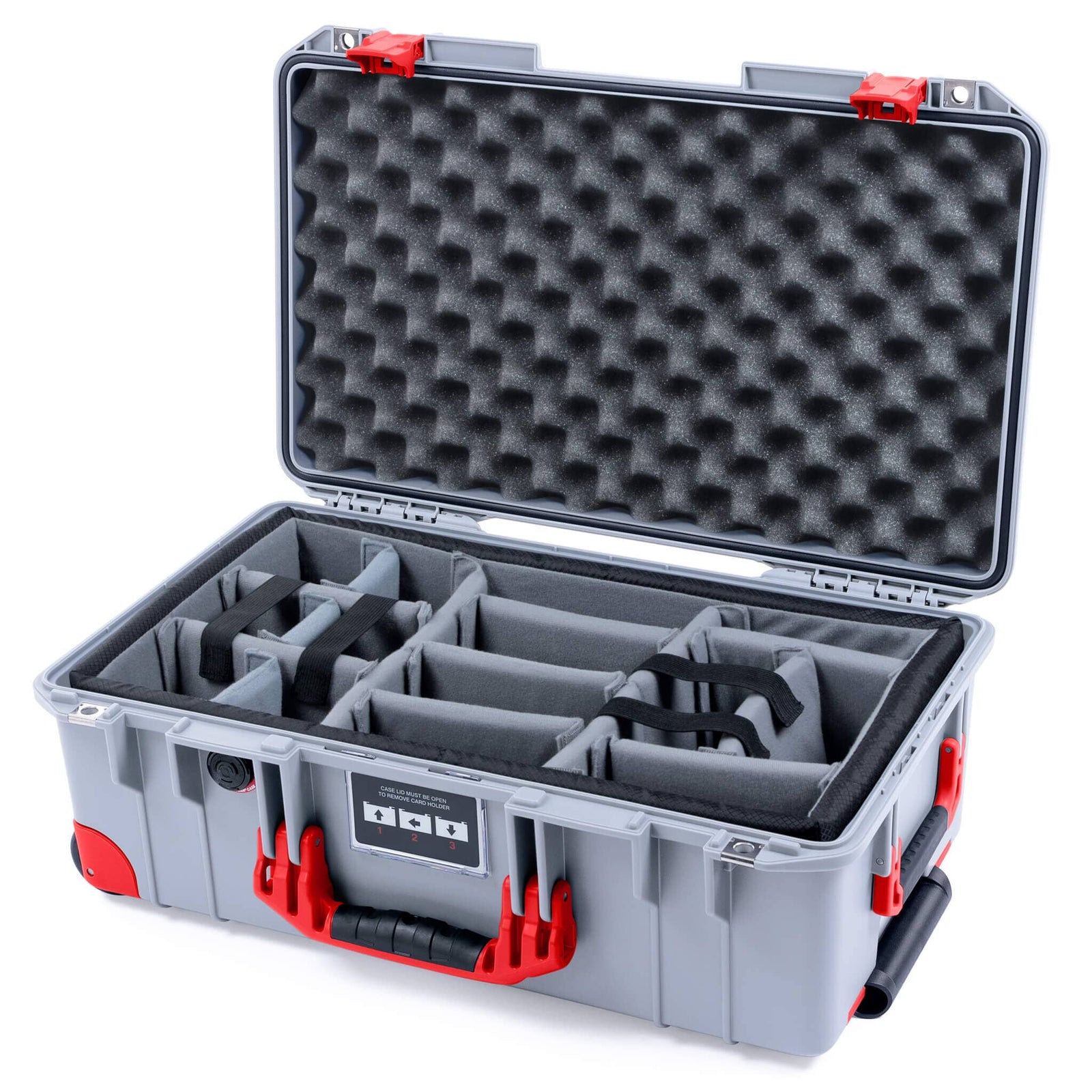 Pelican 1535 Air Case, Silver with Red Handles, Latches & Trolley Gray Padded Microfiber Dividers with Convoluted Lid Foam ColorCase 015350-0070-180-321-320