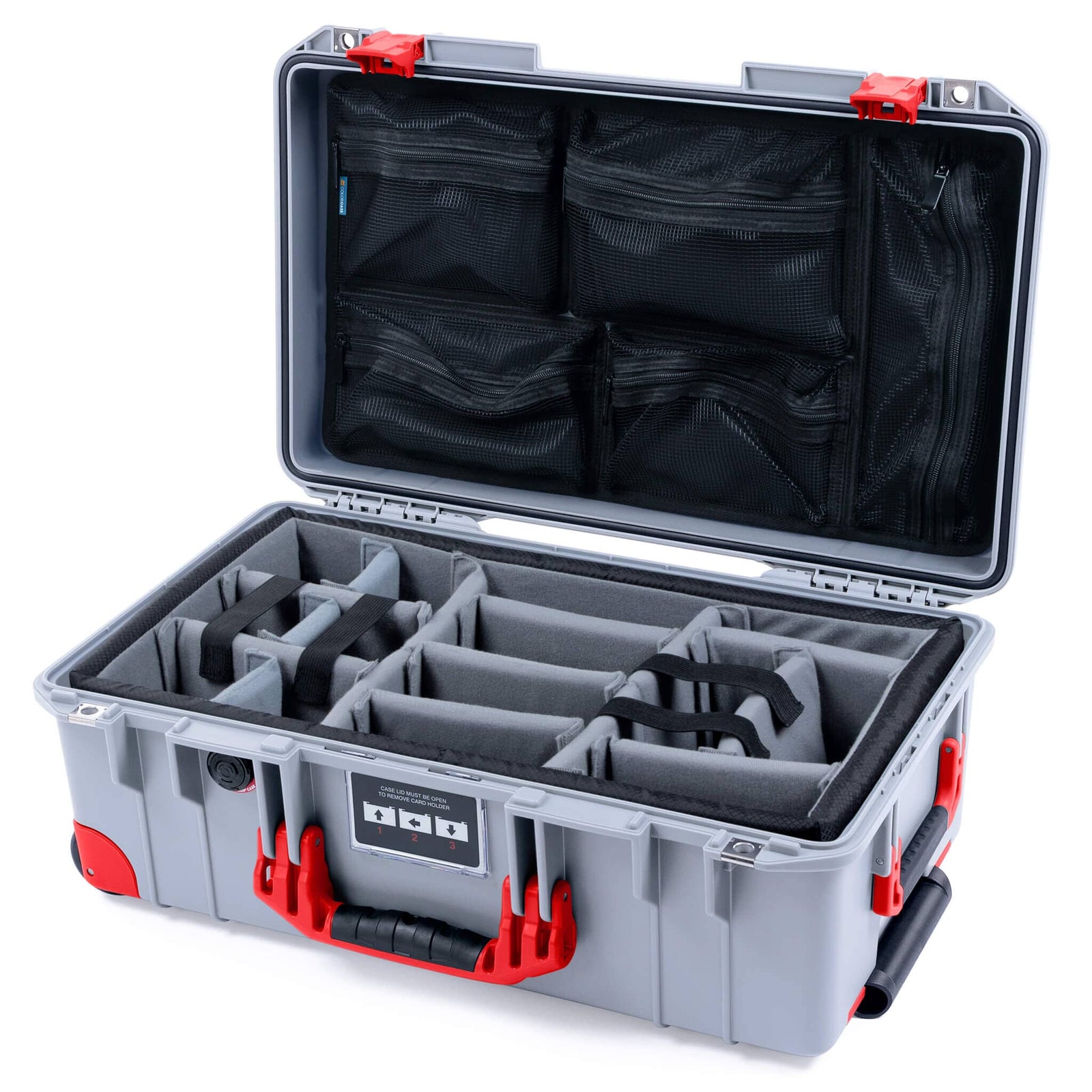 Pelican 1535 Air Case, Silver with Red Handles, Latches & Trolley Gray Padded Microfiber Dividers with Mesh Lid Organizer ColorCase 015350-0170-180-321-320