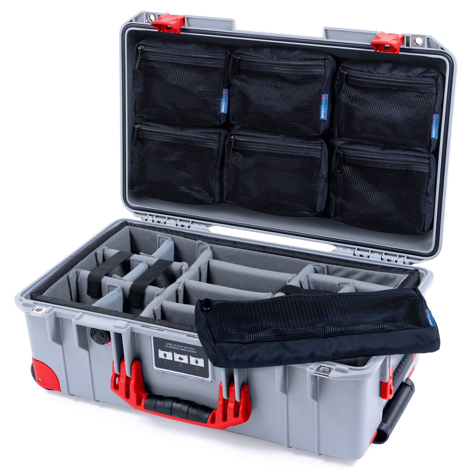 Pelican 1535 Air Case, Silver with Red Handles, Latches & Trolley Gray Padded Microfiber Dividers with 7-Piece Removable Mesh Pouches ColorCase 015350-0770-180-321-320