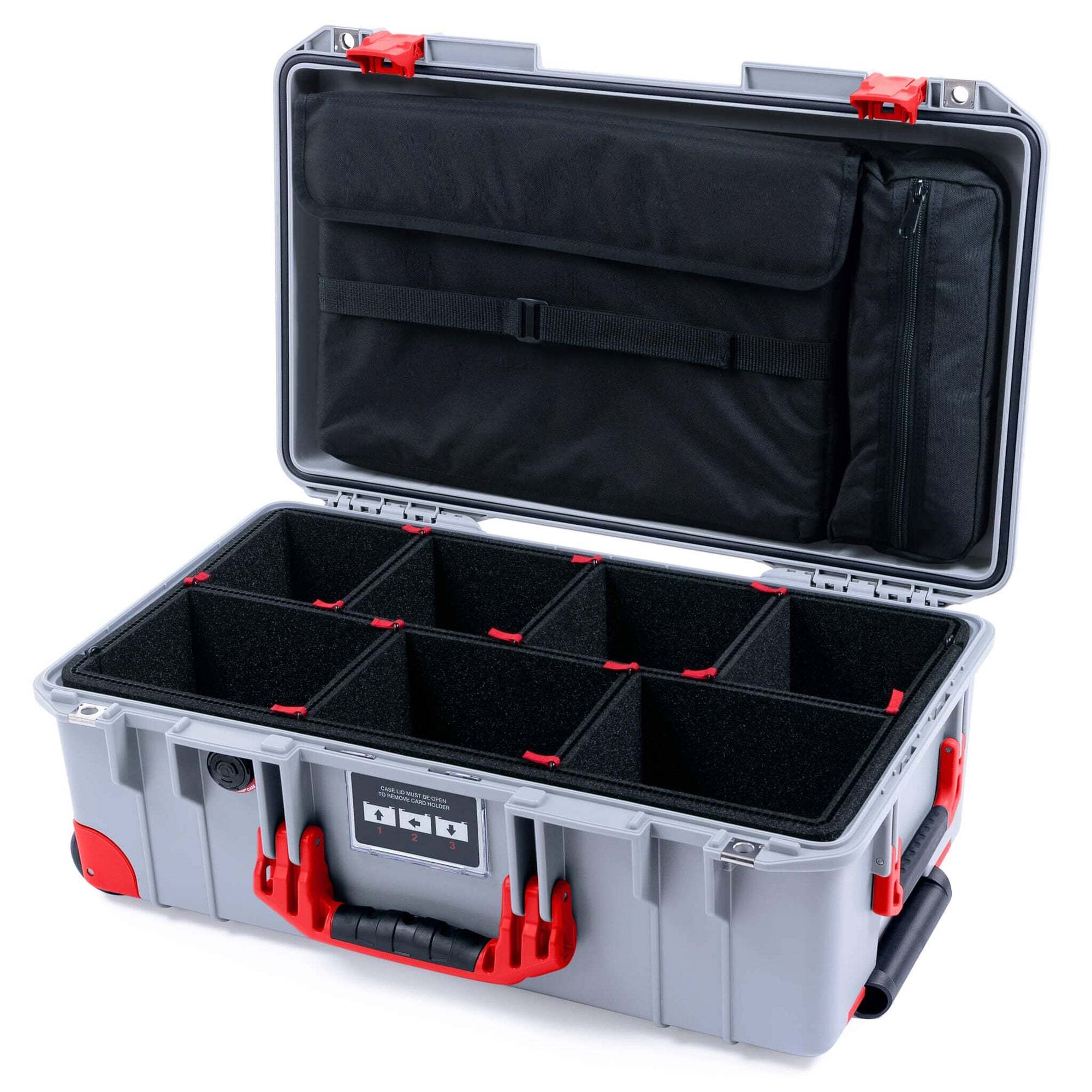 Pelican 1535 Air Case, Silver with Red Handles, Latches & Trolley TrekPak Divider System with Laptop Computer Lid Pouch ColorCase 015350-0220-180-321-320